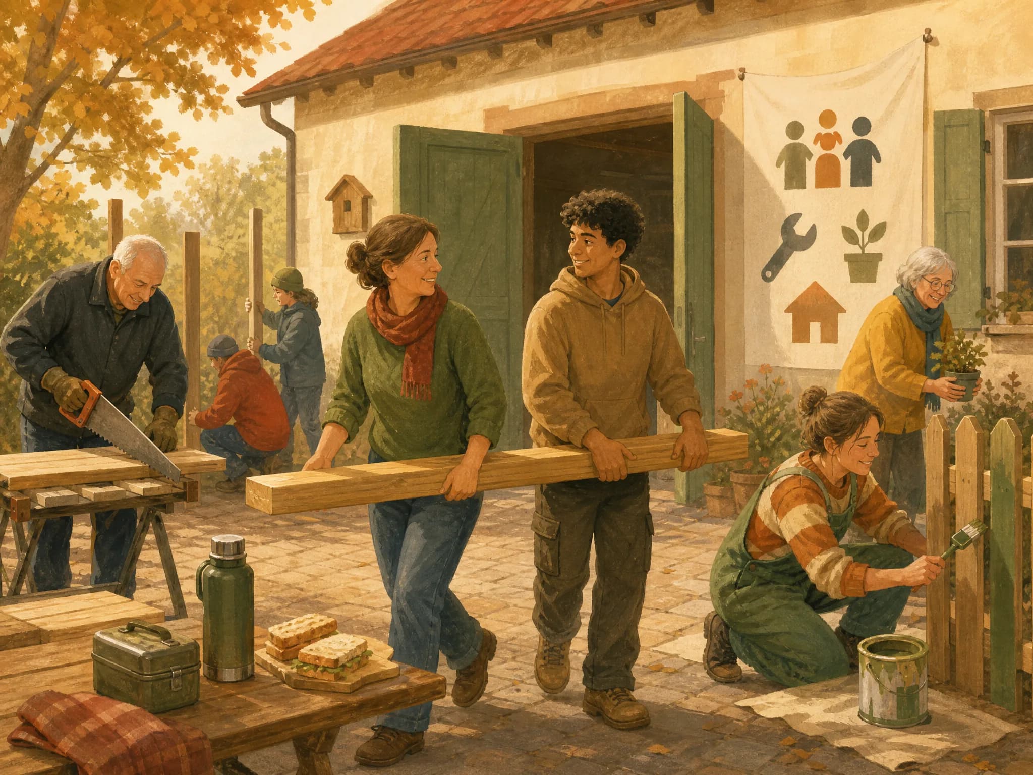 Menschen bauen und reparieren gemeinsam im Hof