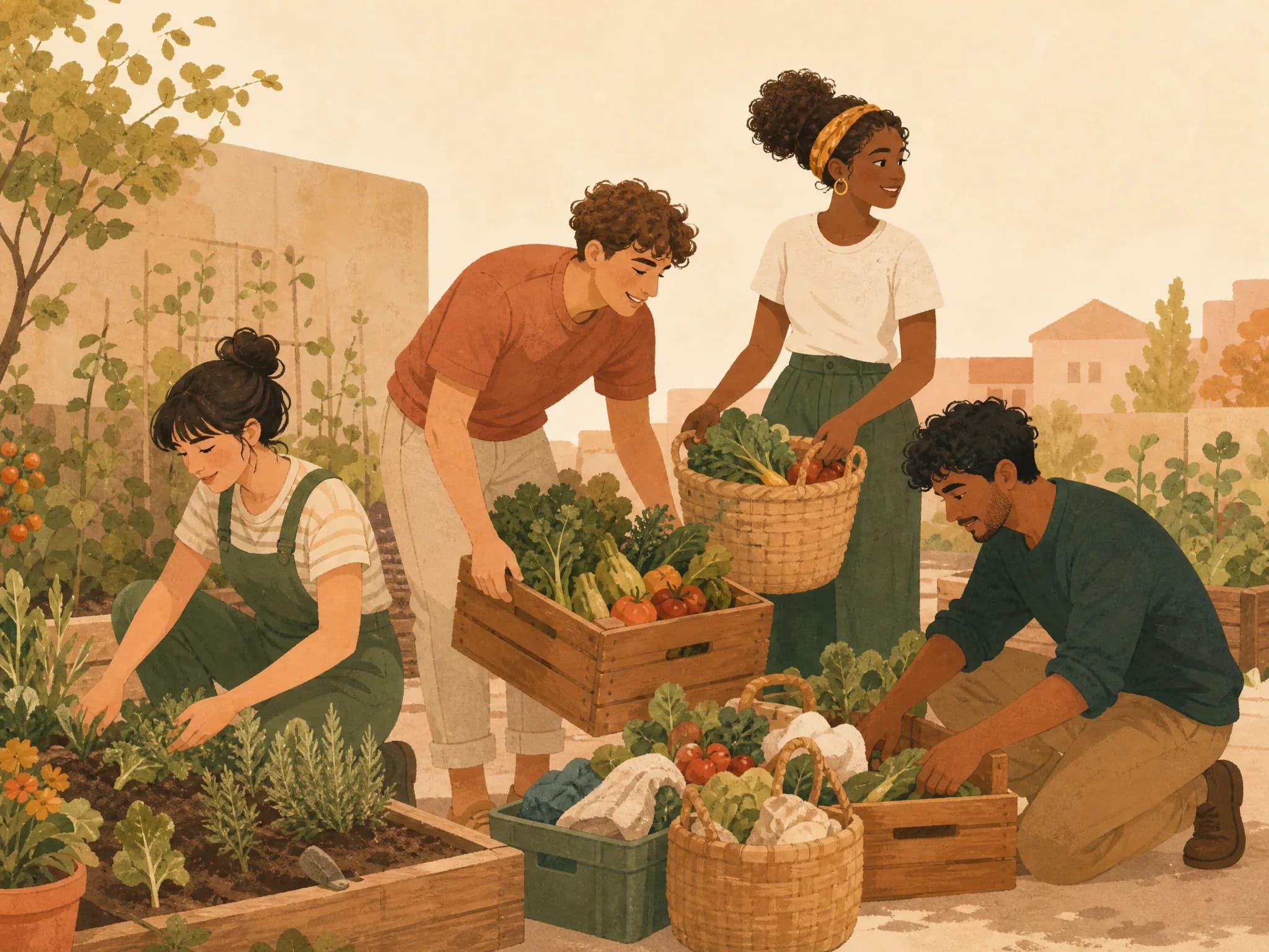 Illustration: Menschen packen gemeinsam ehrenamtlich mit an