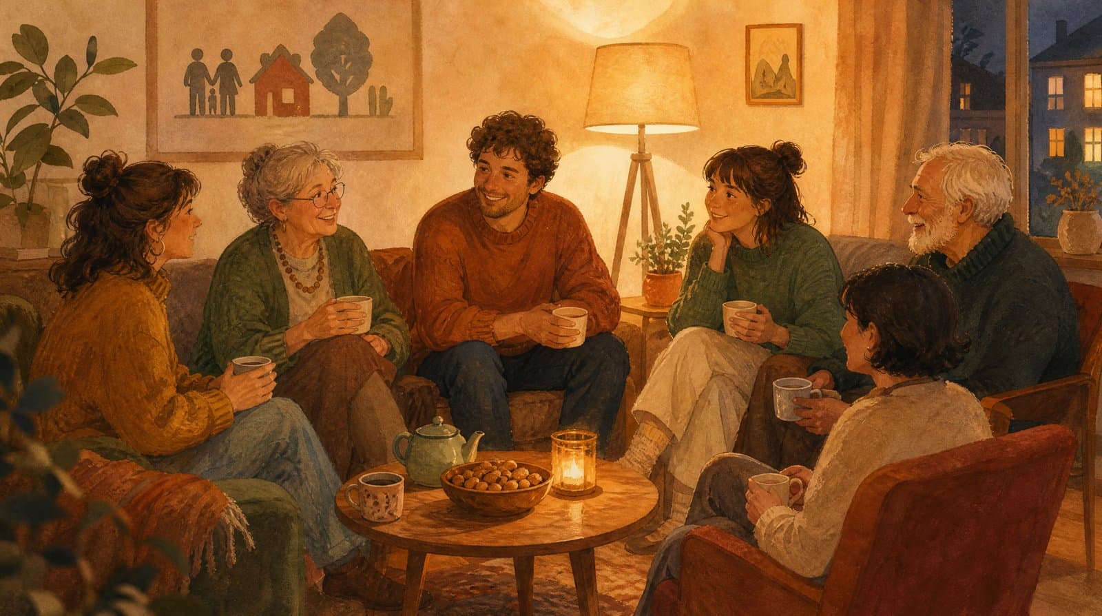 Eine kleine feste Runde von Freunden sitzt abends im warmen Wohnzimmer zusammen