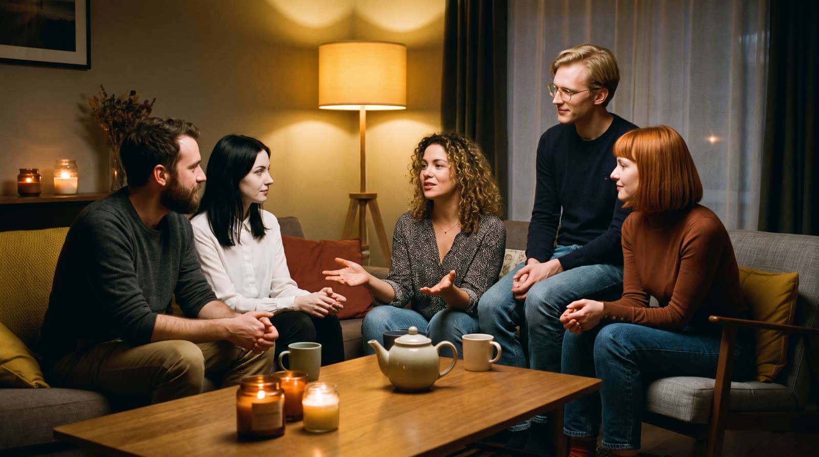 Eine kleine feste Runde von Freunden sitzt abends im warmen Wohnzimmer zusammen