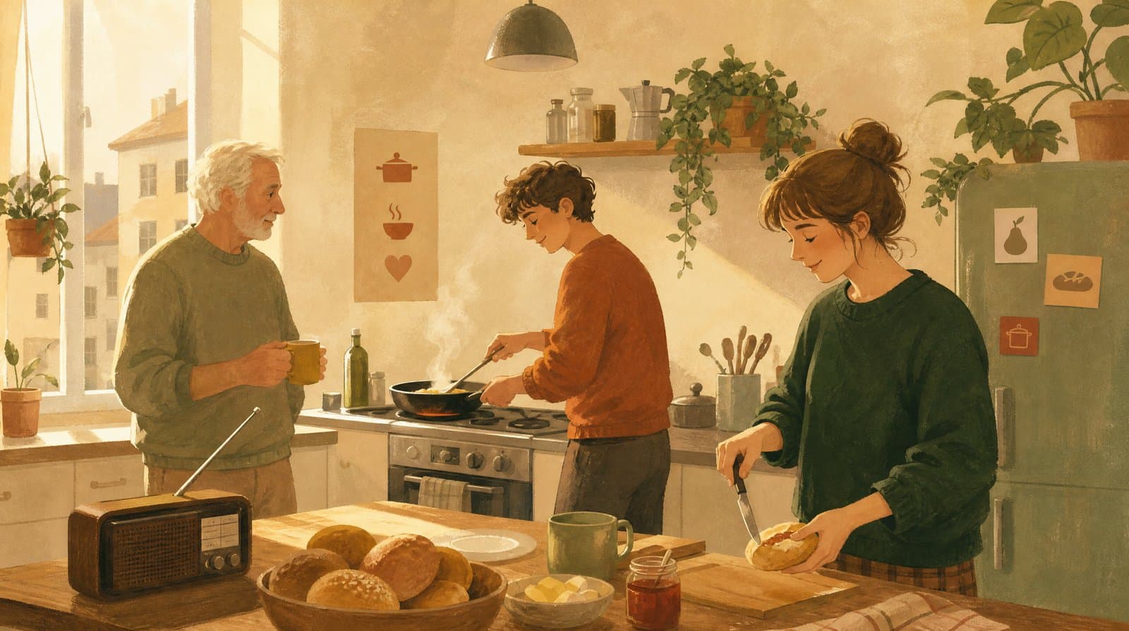 Drei Mitbewohner kochen sonntagmorgens gemeinsam in einer hellen Altbauküche
