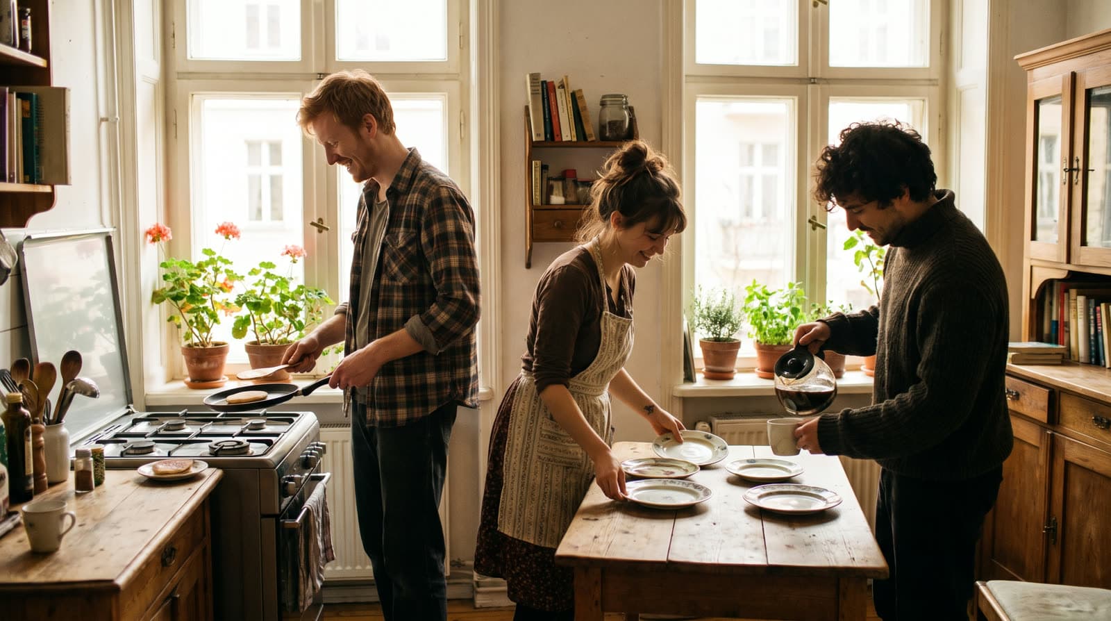 Drei Mitbewohner kochen sonntagmorgens gemeinsam in einer hellen Altbauküche