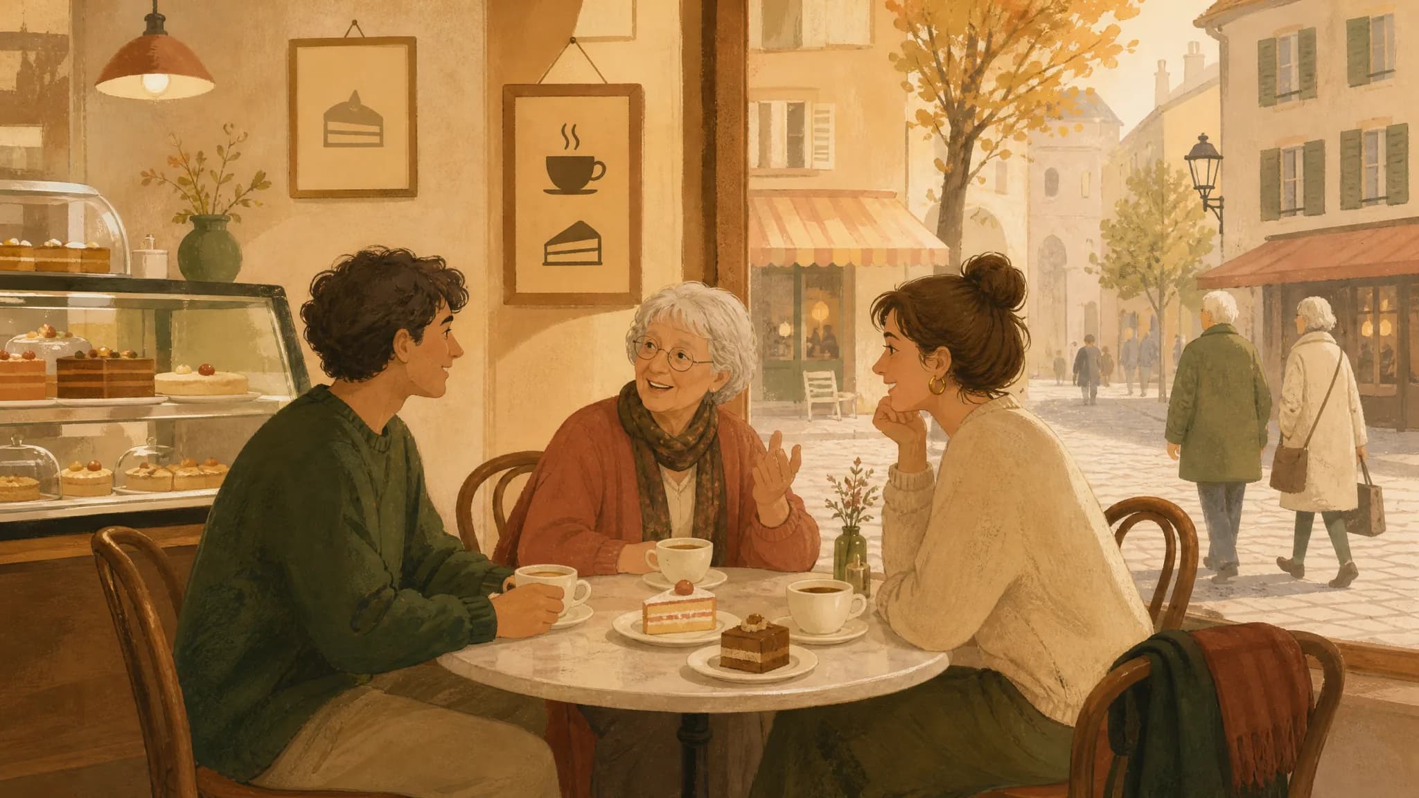 Drei Menschen im Gespräch an einem Cafétisch