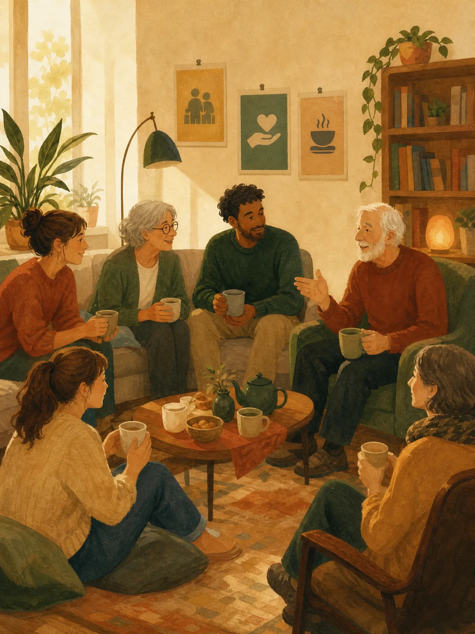 Kleine Runde in einem gemütlichen Wohnzimmer mit Tee und Gespräch