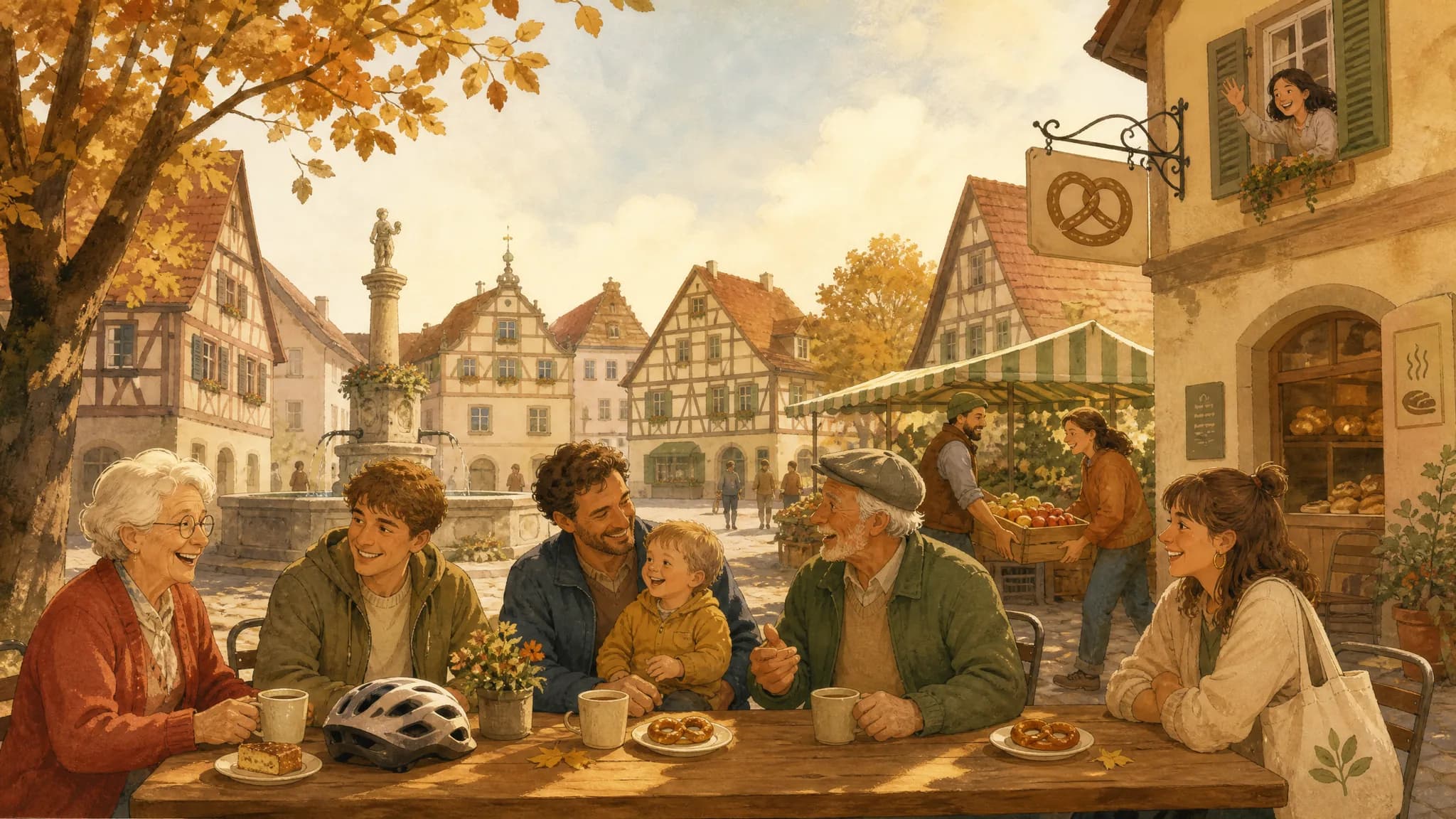 Menschen verschiedenen Alters sitzen an einem Tisch auf einem Marktplatz
