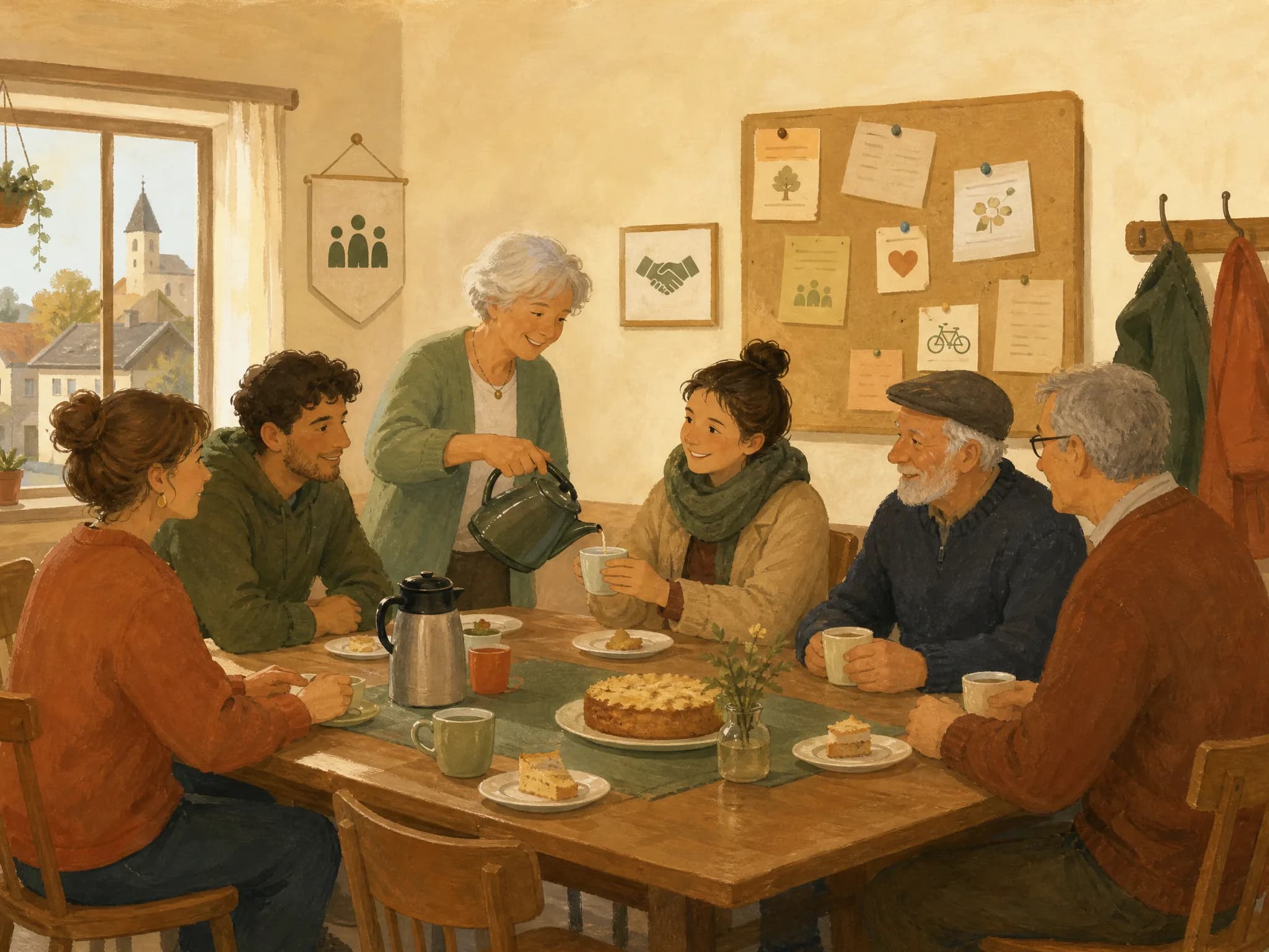 Menschen sitzen bei Tee und Kuchen an einem langen Tisch beisammen
