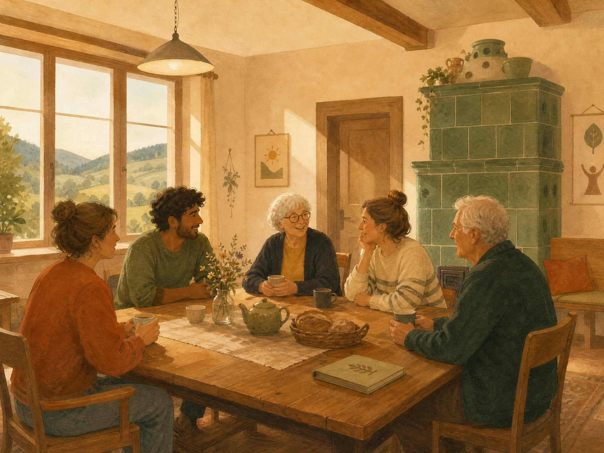 Ein warmes Haus im Grünen, in dem Menschen zusammenkommen