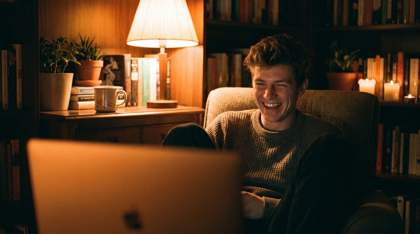 Junger Mann lacht abends herzlich in einem Videocall