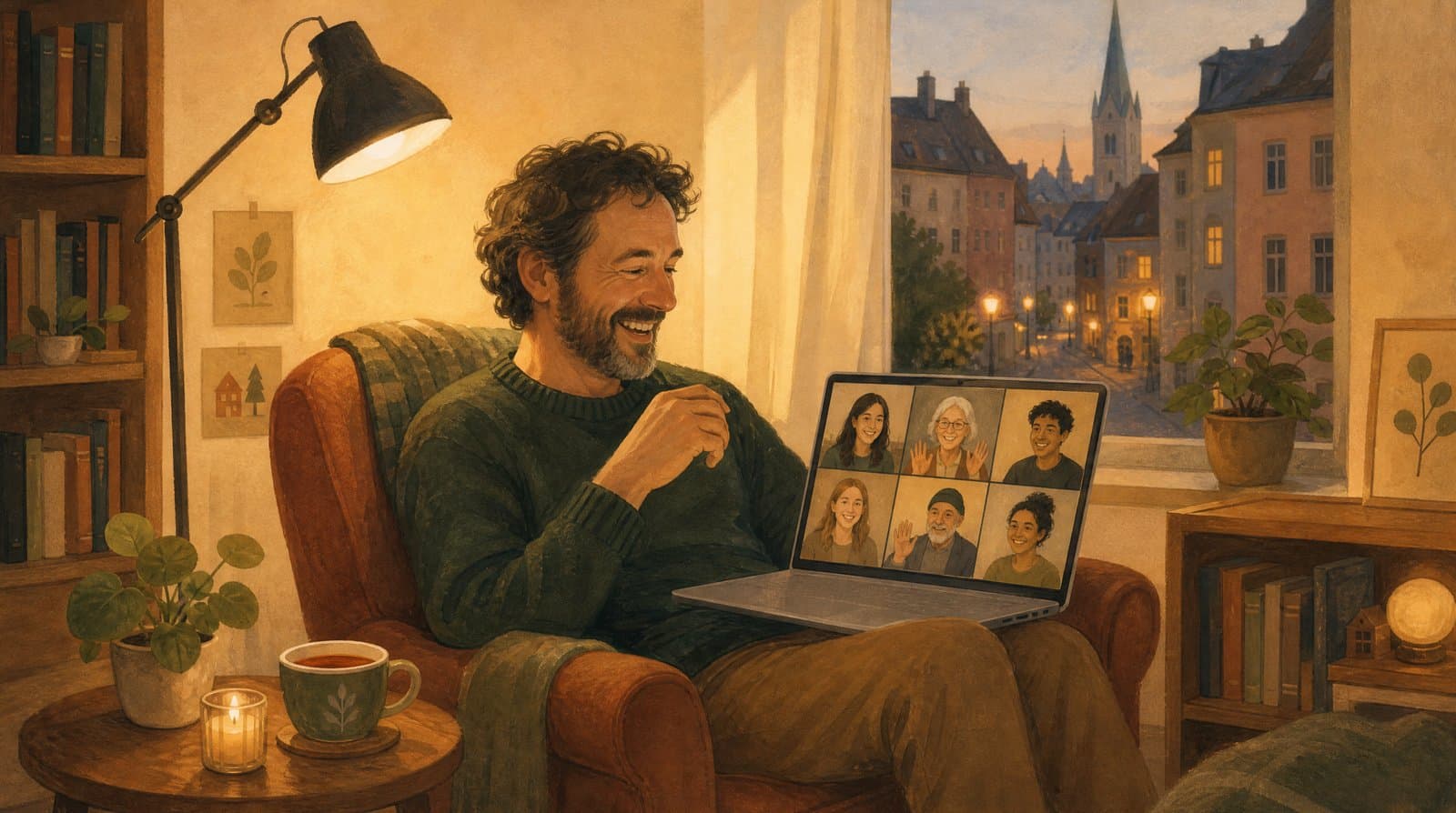 Ein Mann sitzt abends im Sessel und lacht in einem Videogespräch