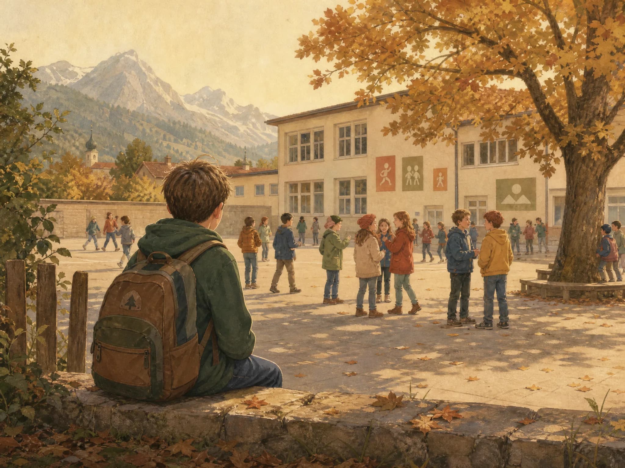 Gemalt: ein bayerischer Schulhof in der Pause, vorne sitzt ein Junge allein auf einer Mauer
