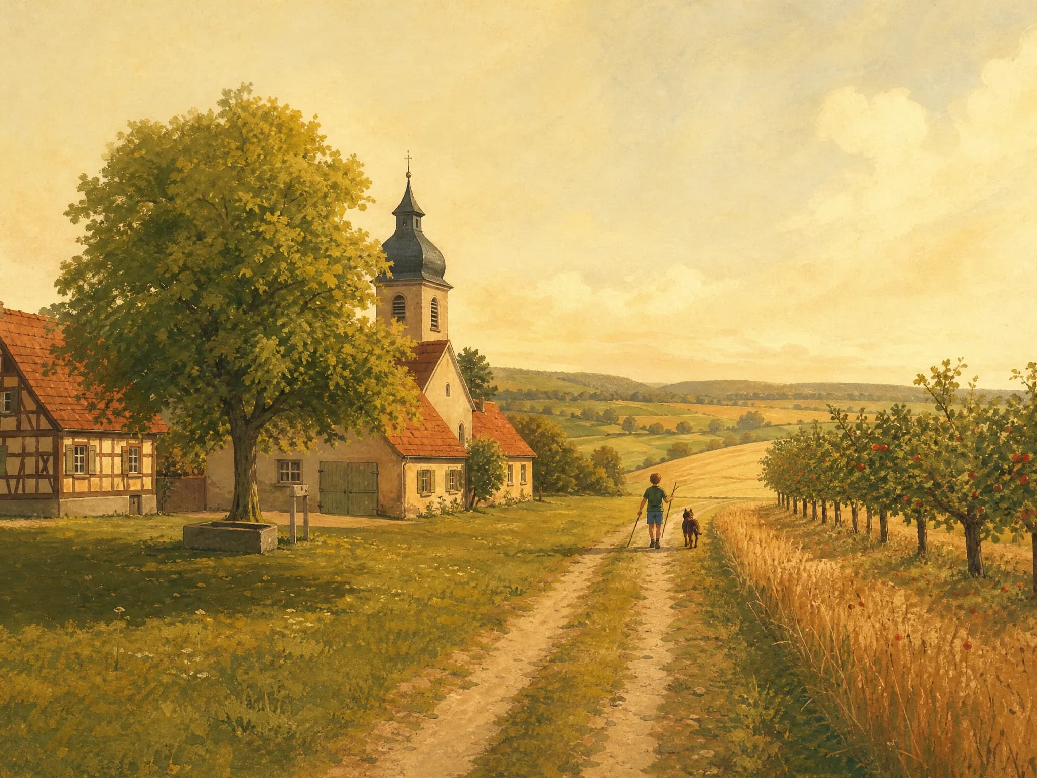 Gemalt: ein Thüringer Dorf am Feldrand, weit hinten auf dem Feldweg ein Junge mit Hund