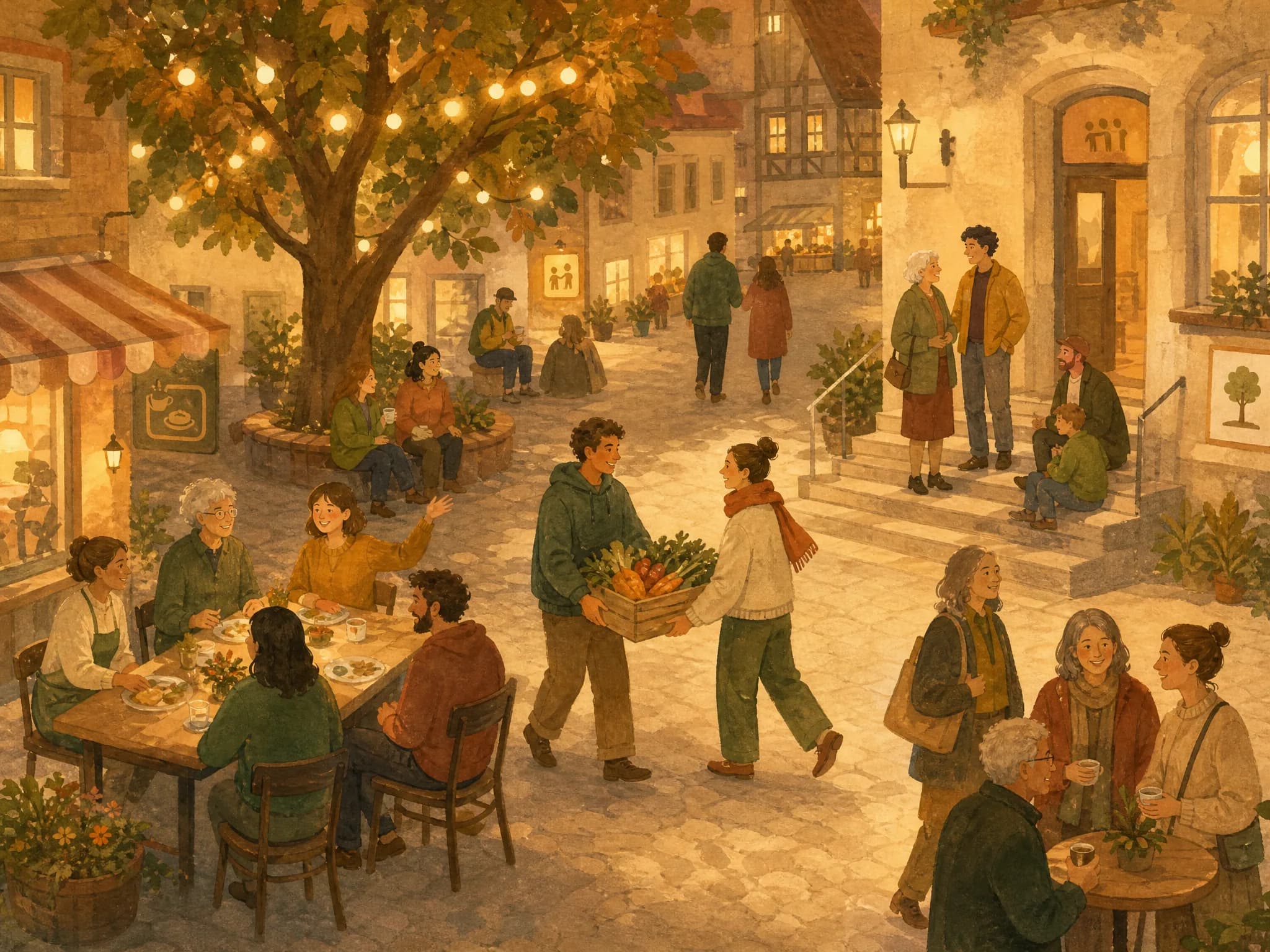 Gemalt: ein Marktplatz am Abend mit vielen kleinen Grüppchen und Lichterketten