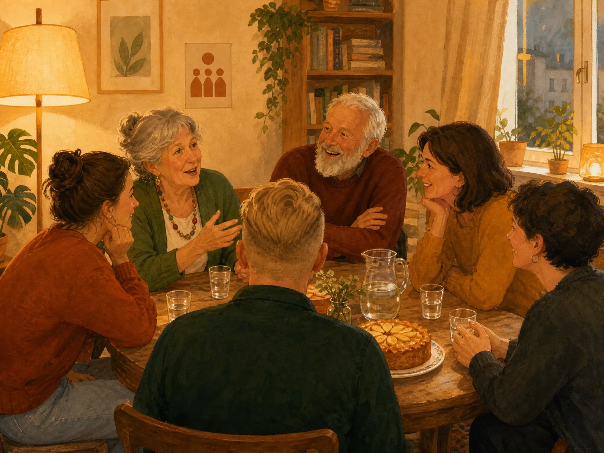 Gemalt: sechs Menschen unterschiedlichen Alters reden und lachen abends an einem Holztisch