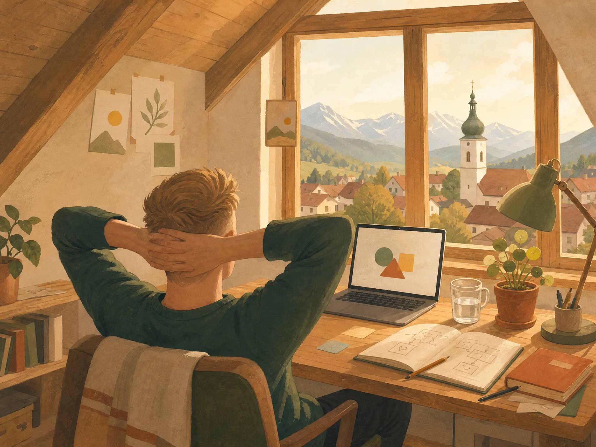 Gemalt: ein kleines Büro unterm Dach mit Blick auf Berge, ein Mann von hinten am Schreibtisch
