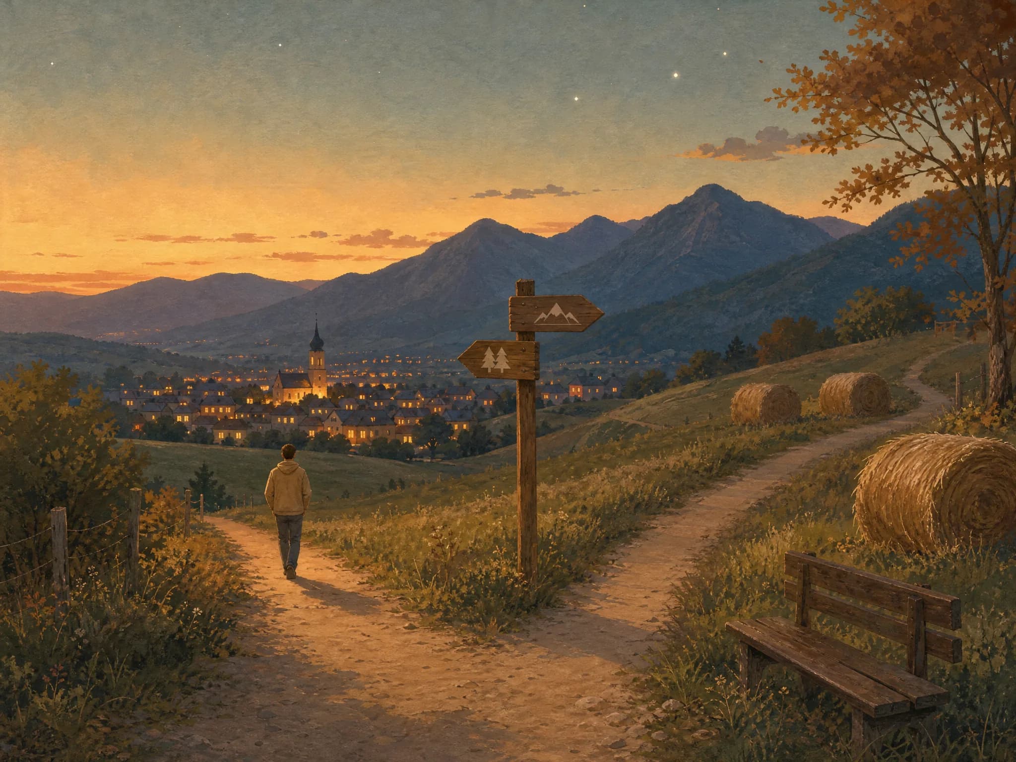 Gemalt: ein Mann geht in der Abenddämmerung über einen Feldweg auf ein Städtchen mit hellen Fenstern zu
