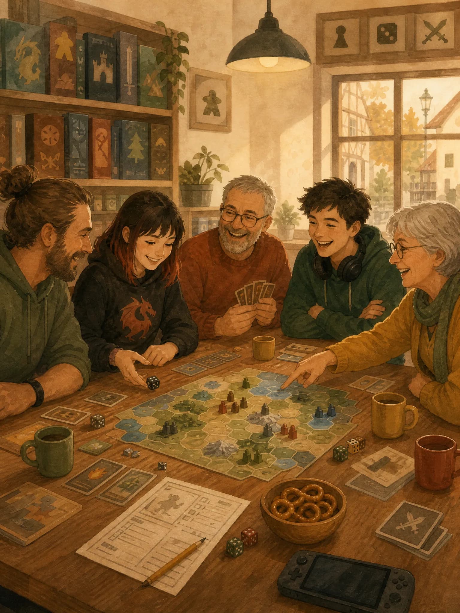 Fünf Menschen verschiedenen Alters sitzen in einem Spielecafé um einen Tisch mit Brettspiel, Würfeln und Charakterbogen und lachen
