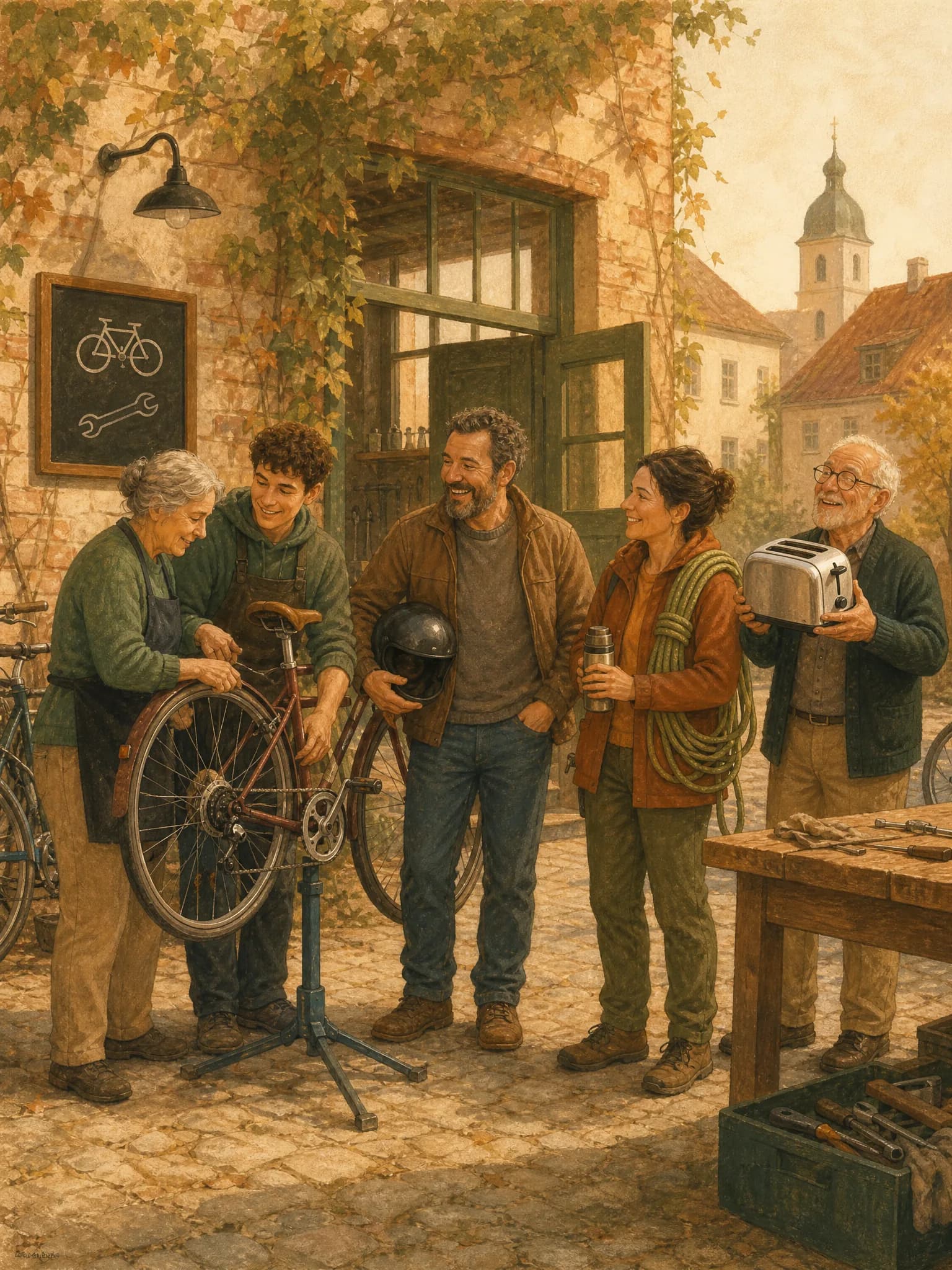 Eine Hobbygruppe verschiedenen Alters repariert im Hof einer alten Werkstatt gemeinsam ein Fahrrad