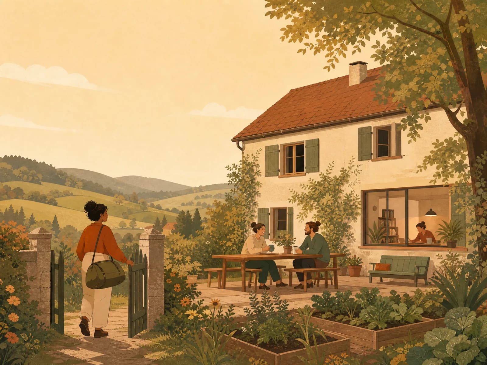 Illustration: ein Haus mit Garten auf dem Land, zwei Menschen sitzen am Gartentisch, eine arbeitet am Fenster