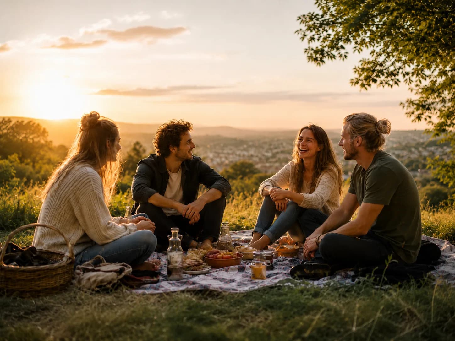 Vier Freunde sitzen bei Sonnenuntergang zusammen auf einer Picknickdecke über der Stadt