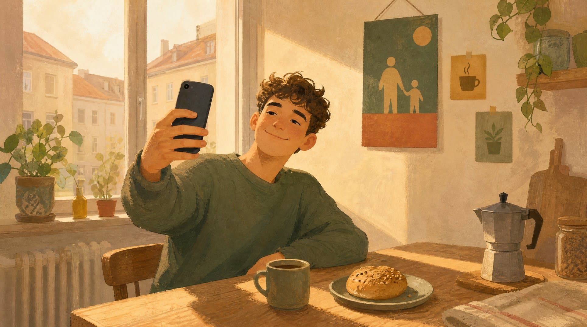 Junger Mann macht am Küchentisch im Morgenlicht entspannt ein Selfie für sein Profil