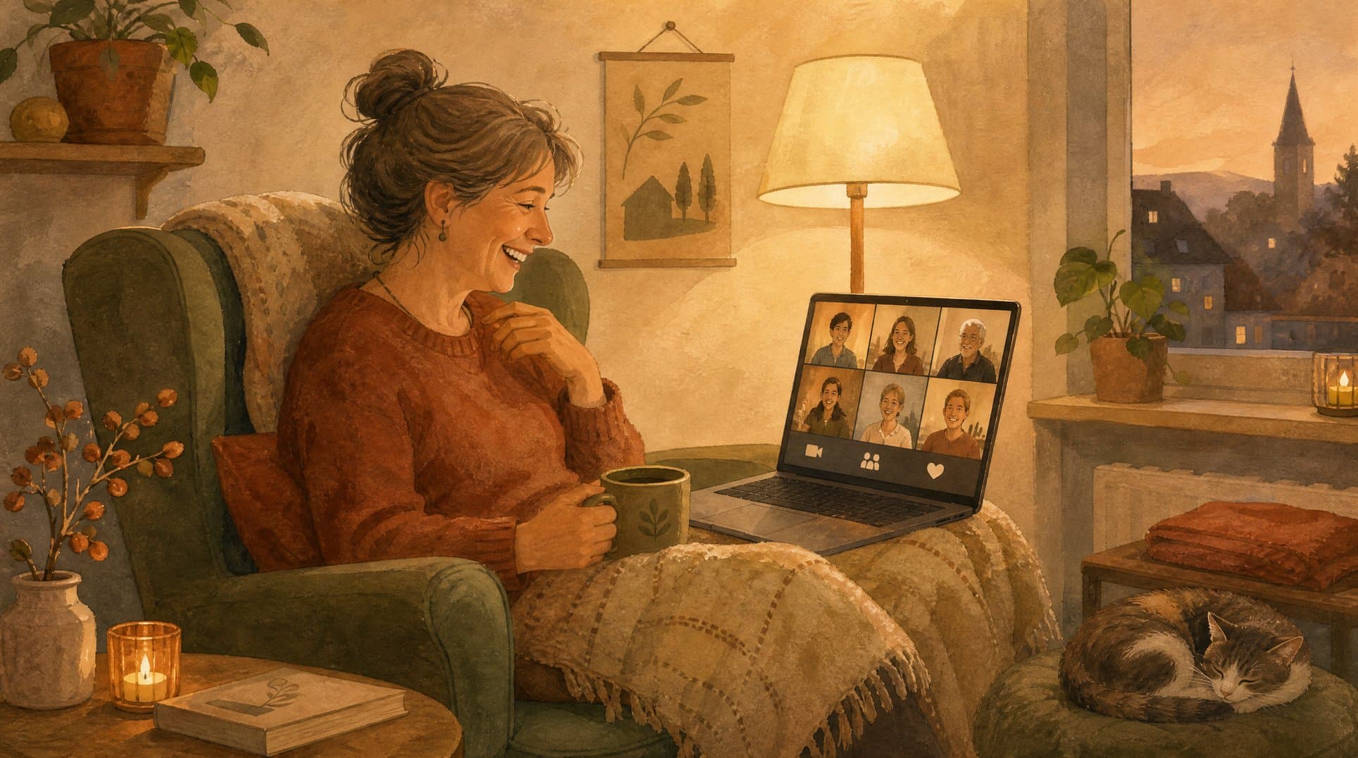 Frau lacht abends im Sessel während eines Online-Treffens am Laptop