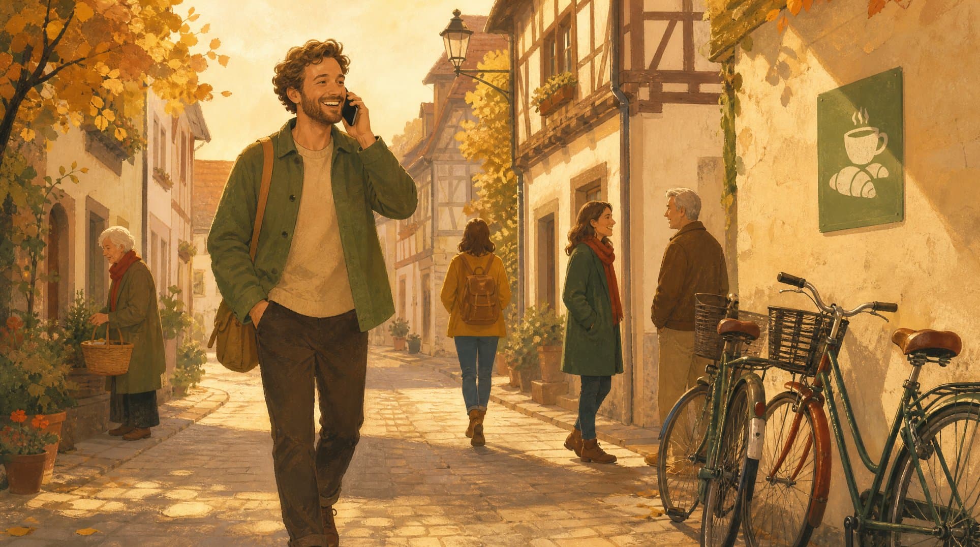 Mann geht lachend durch eine goldene Altstadtgasse und telefoniert dabei