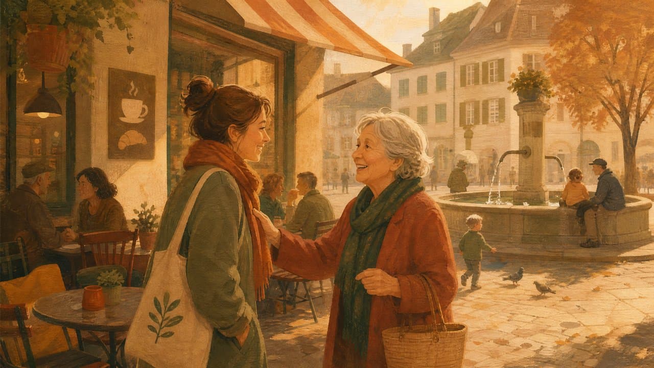 Zwei Menschen begrüßen sich herzlich vor einem Straßencafé im Abendlicht