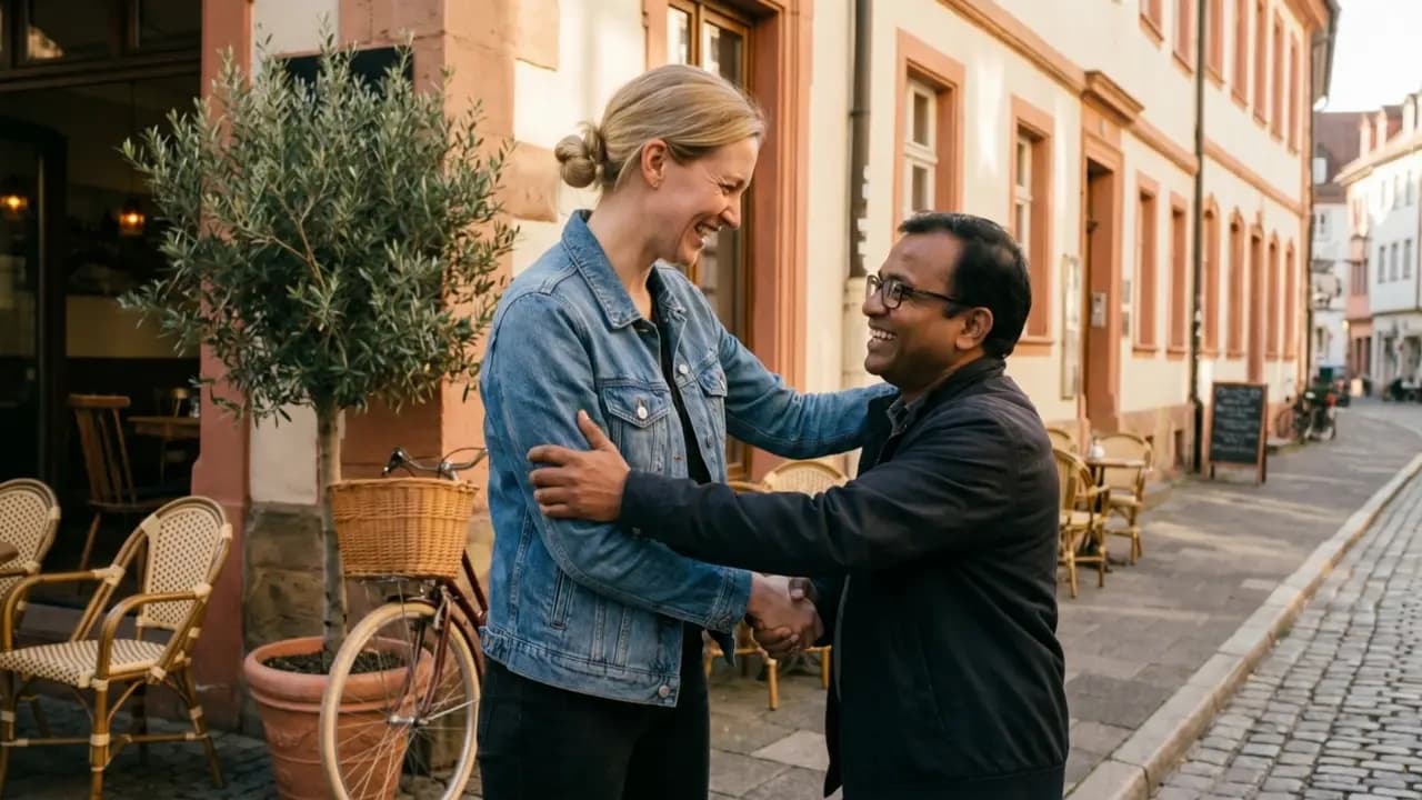 Zwei Menschen begrüßen sich herzlich vor einem Straßencafé im Abendlicht