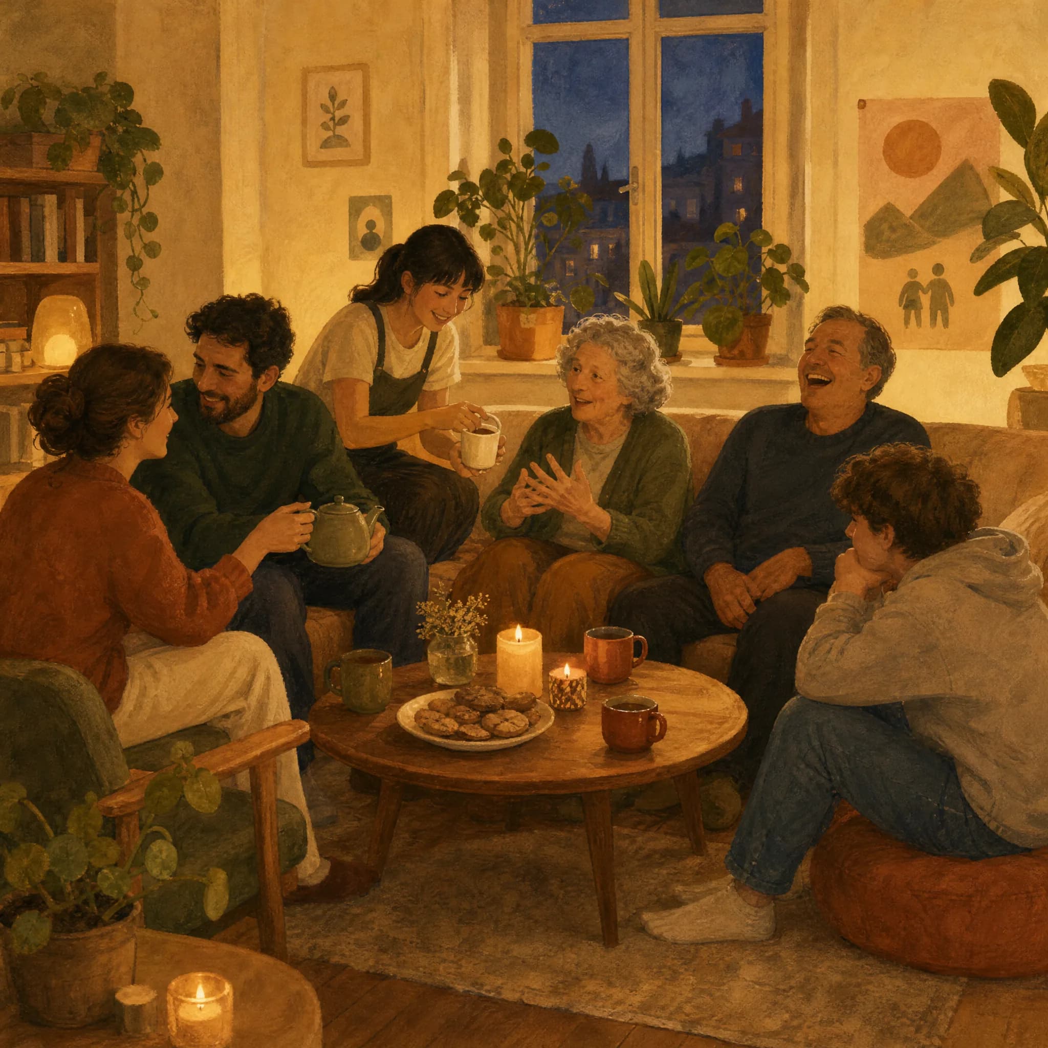 Sechs Menschen verschiedenen Alters sitzen abends in einem Wohnzimmer zusammen, erzählen und lachen, eine reicht Tee herum.
