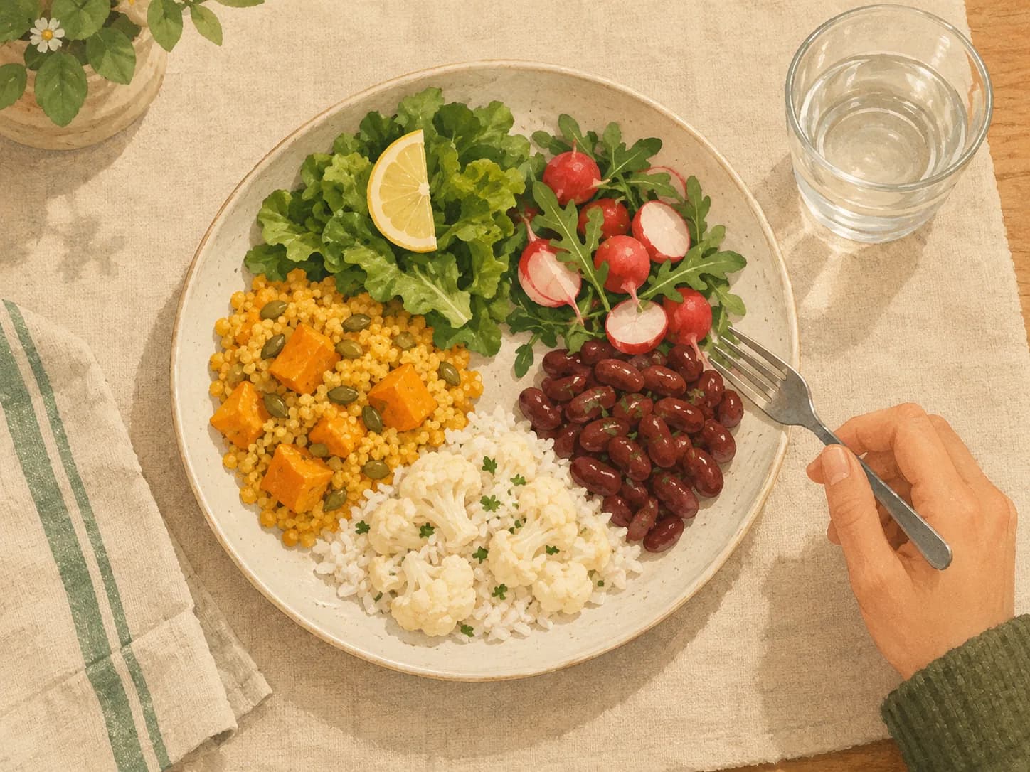 Ein runder Teller mit fünf kleinen Portionen in fünf Farben: grüne Blätter und Zitrone, rote Radieschen, goldene Hirse mit Kürbis, weißer Reis mit Blumenkohl, dunkle Bohnen.