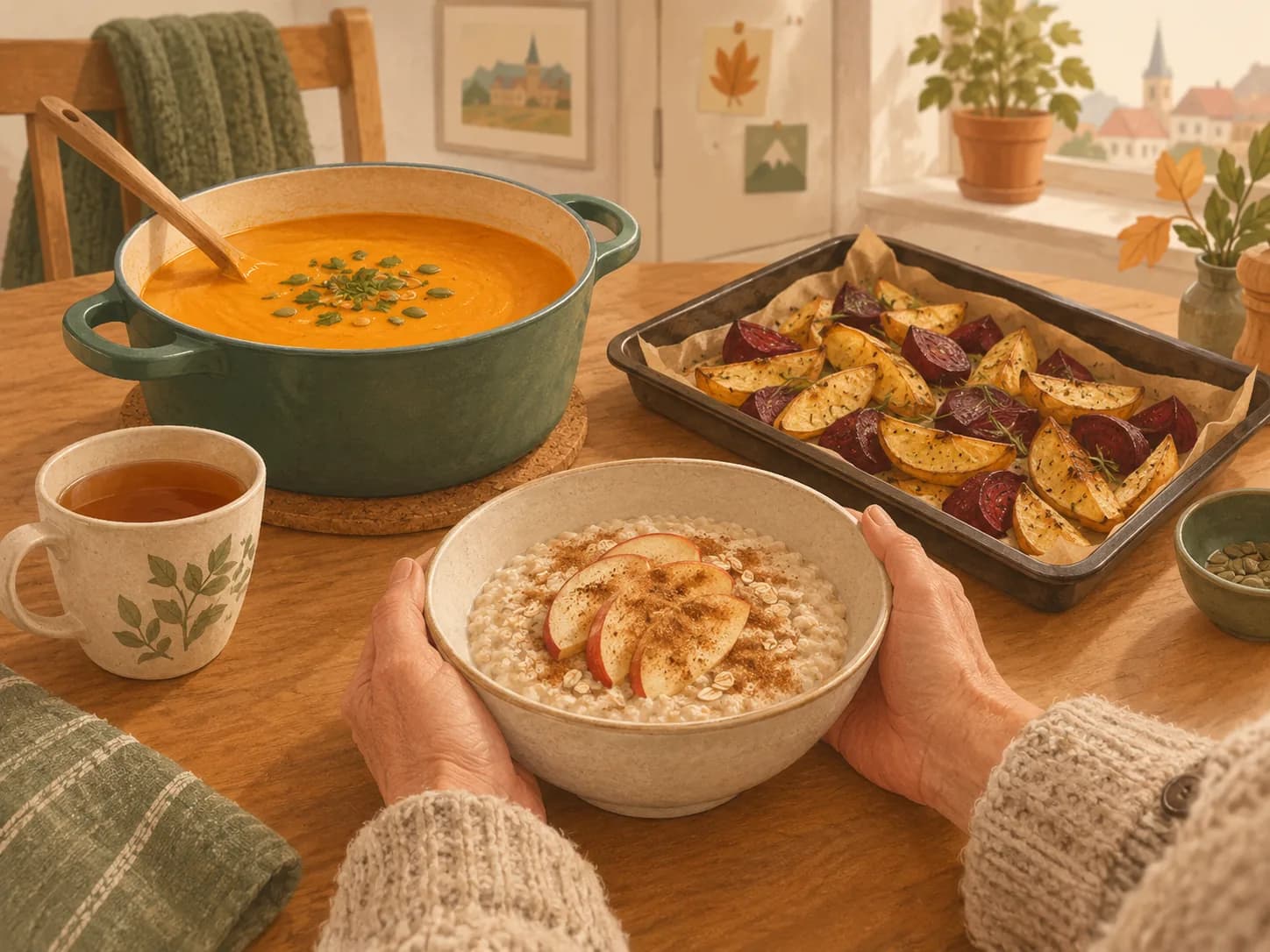 Eine Schale Haferbrei mit Apfel und Zimt, ein Topf Möhrensuppe und Ofenkartoffeln auf einem Holztisch, zwei Hände halten die warme Schale.
