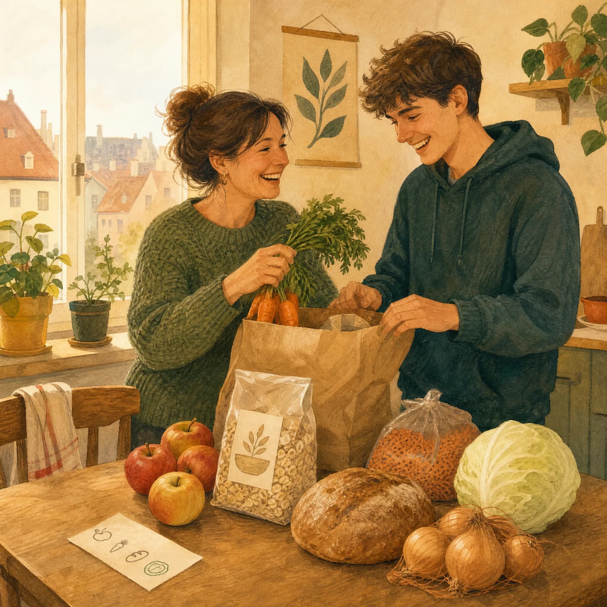 Eine Frau und ein junger Mann packen am Küchentisch lachend eine Einkaufstüte aus: Möhren, Äpfel, Haferflocken, Linsen, Brot und Kohl.