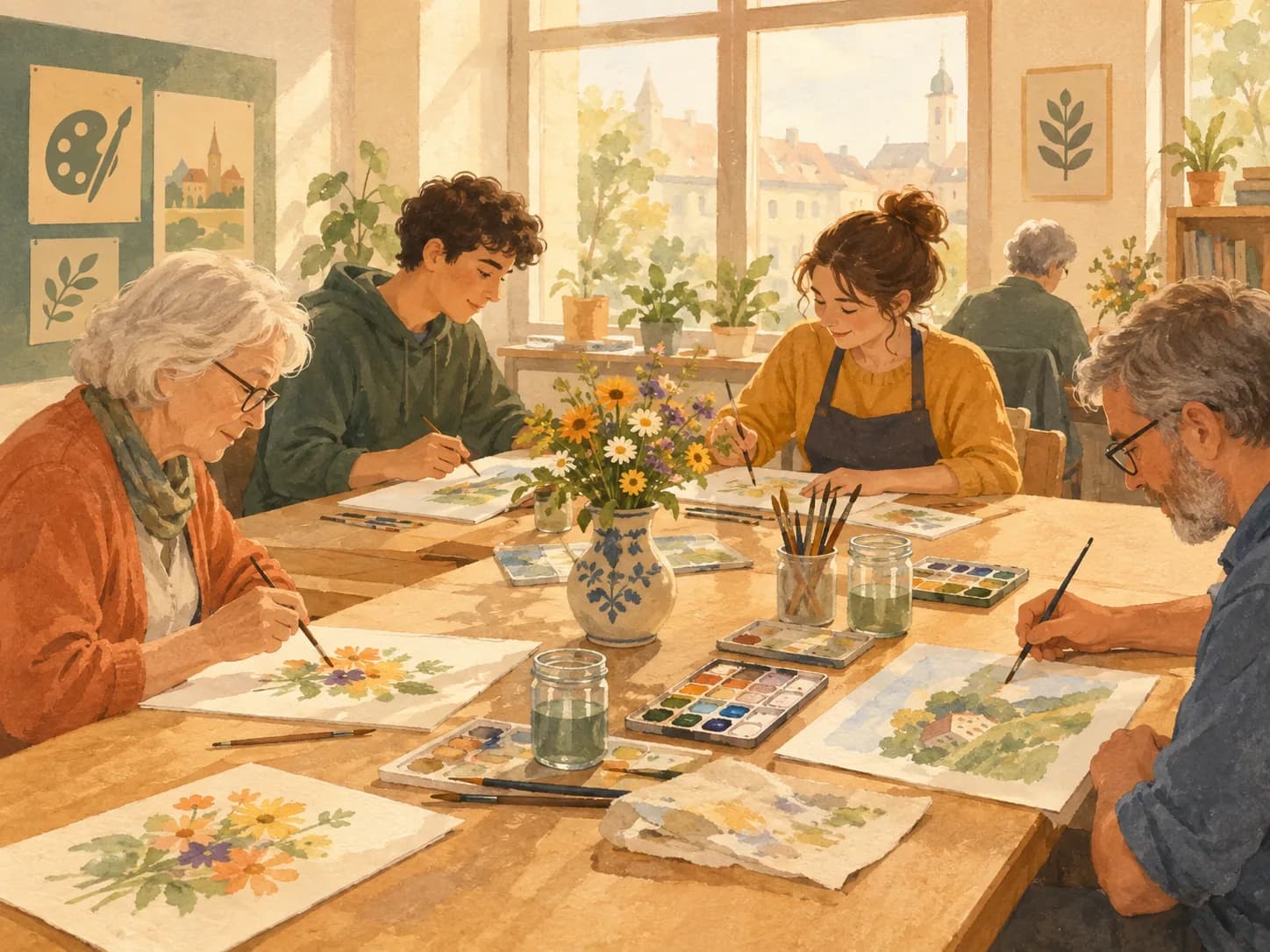 Gemalter Malnachmittag an einem langen Tisch: Menschen verschiedenen Alters malen mit Wasserfarben, in der Mitte eine Vase mit Blumen.