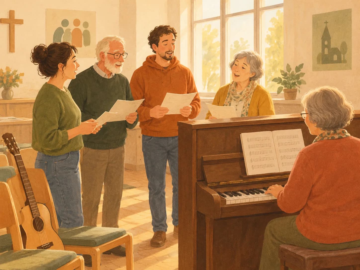 Gemalte Chorprobe in einem Gemeindesaal: Menschen verschiedenen Alters singen um ein Klavier.