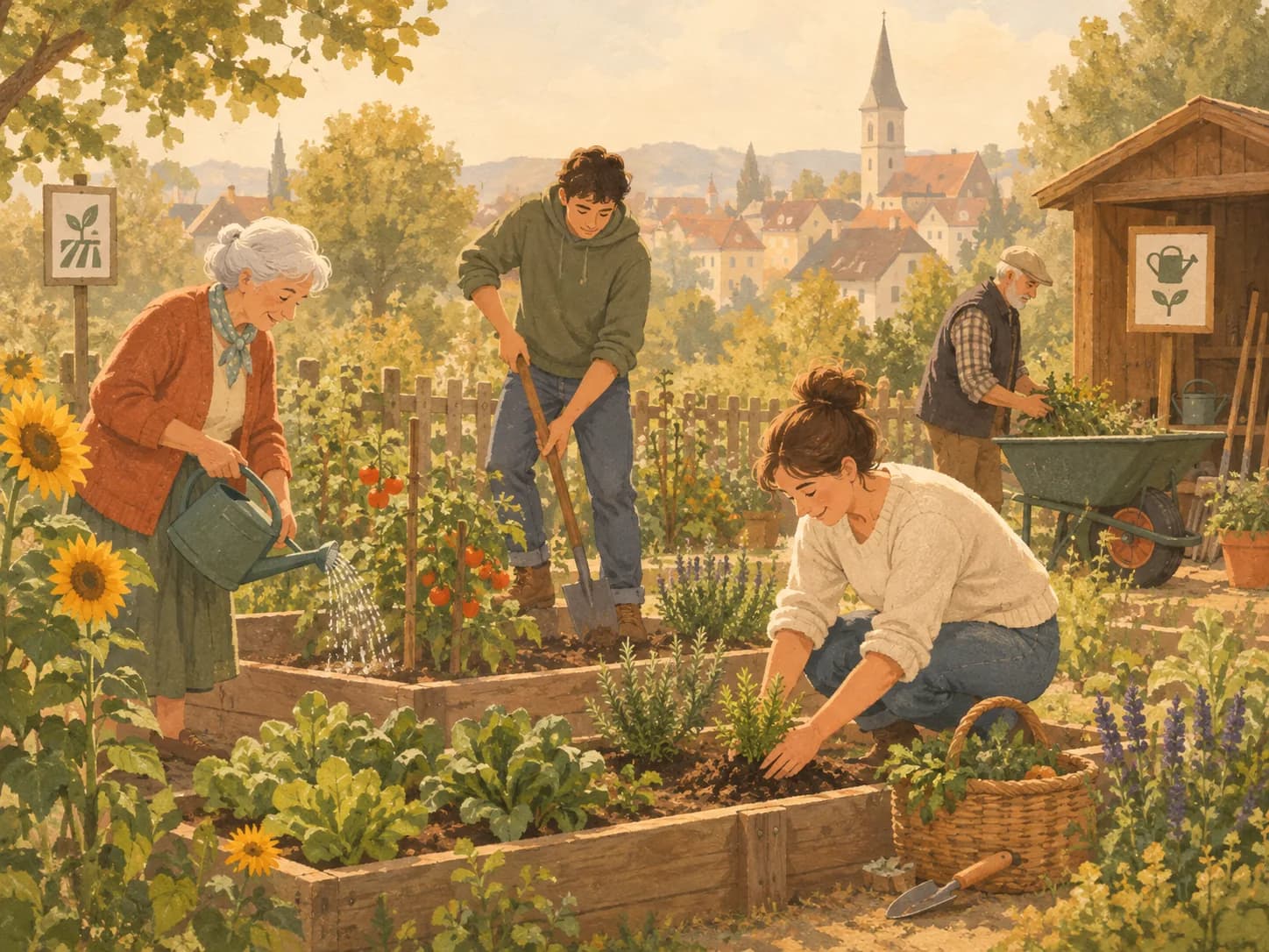 Gemalter Gemeinschaftsgarten am Stadtrand: Menschen verschiedenen Alters gießen, graben und pflanzen Kräuter.