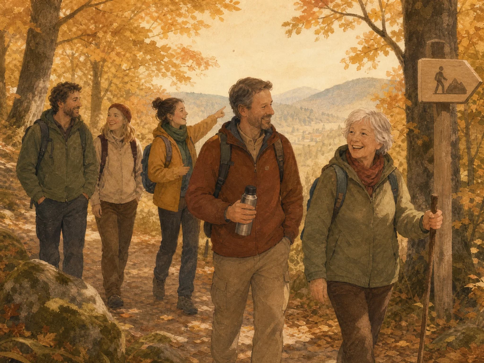 Fünf Menschen verschiedenen Alters wandern im Herbst zusammen durch einen Buchenwald, eine ältere Frau mit Wanderstock lacht vorneweg.