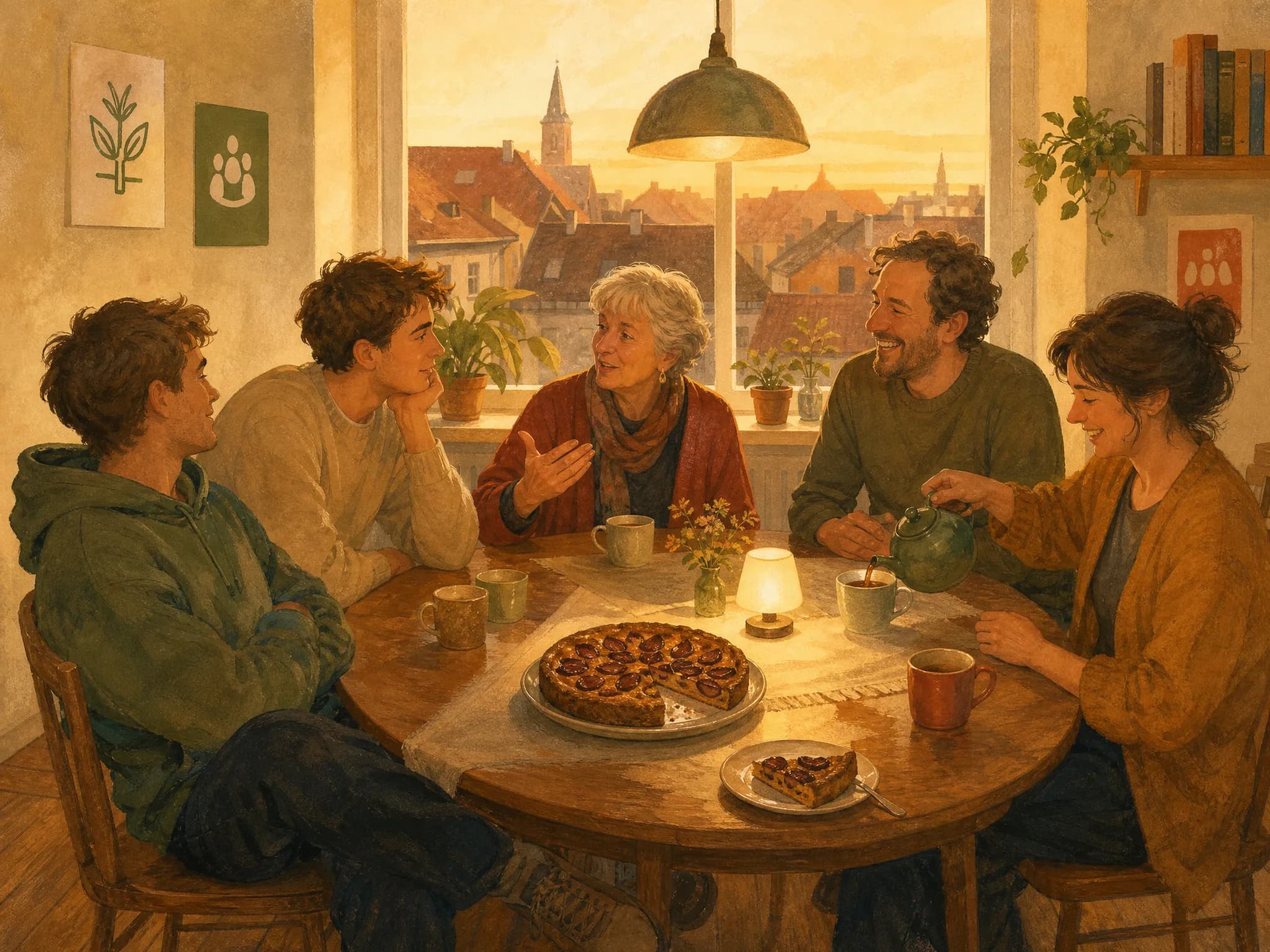 Illustration: Fünf Menschen verschiedenen Alters sitzen bei Tee und Kuchen am Küchentisch