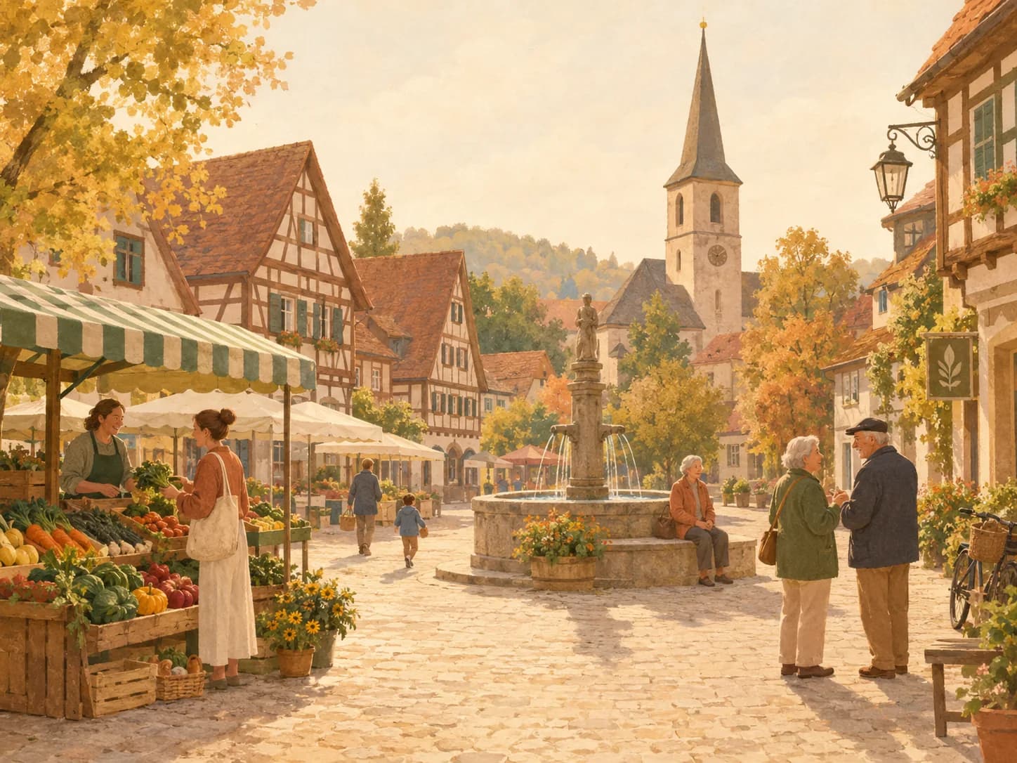 Gemalte Kleinstadt mit Kirchturm, Marktplatz und Fachwerkhäusern, dahinter Felder und sanfte Hügel im weichen Licht.