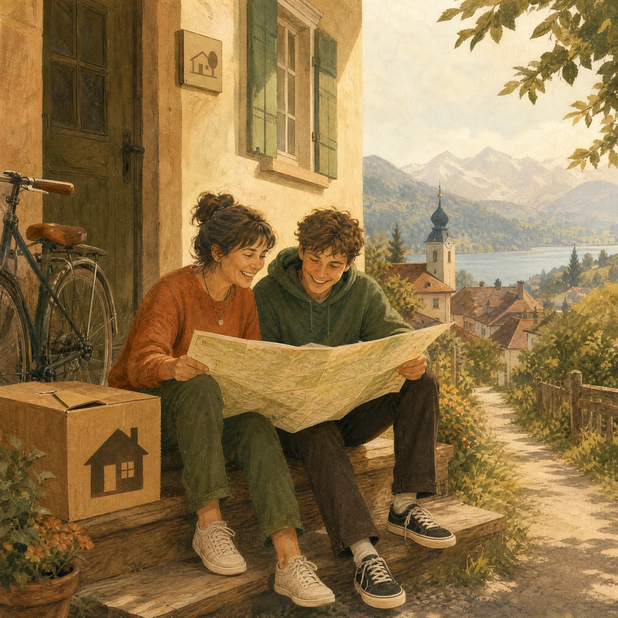 Zwei Menschen schauen auf den Stufen vor einem alten Haus gemeinsam auf eine Landkarte, hinter ihnen Dächer, Hügel, ein See und Berge.