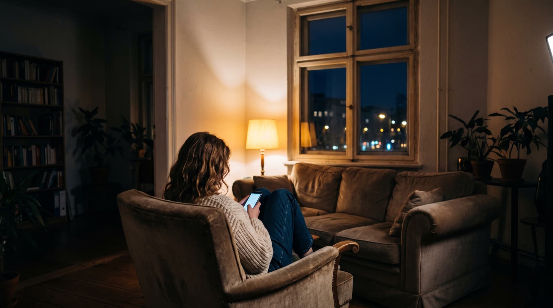 Eine Frau sitzt samstagabends allein im Sessel ihrer Altbauwohnung, nur das Handy leuchtet