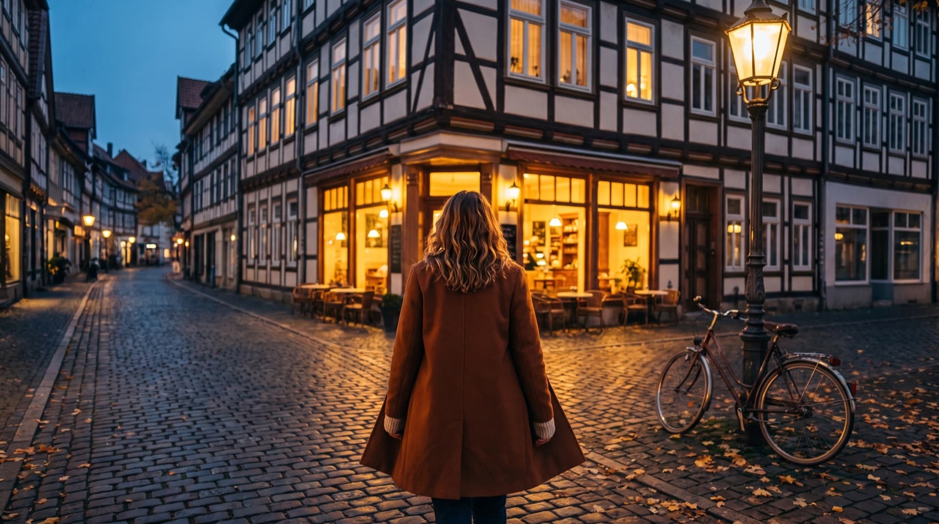 Die Frau geht in der Abenddämmerung durch eine Altstadtgasse auf ein warm erleuchtetes Café zu