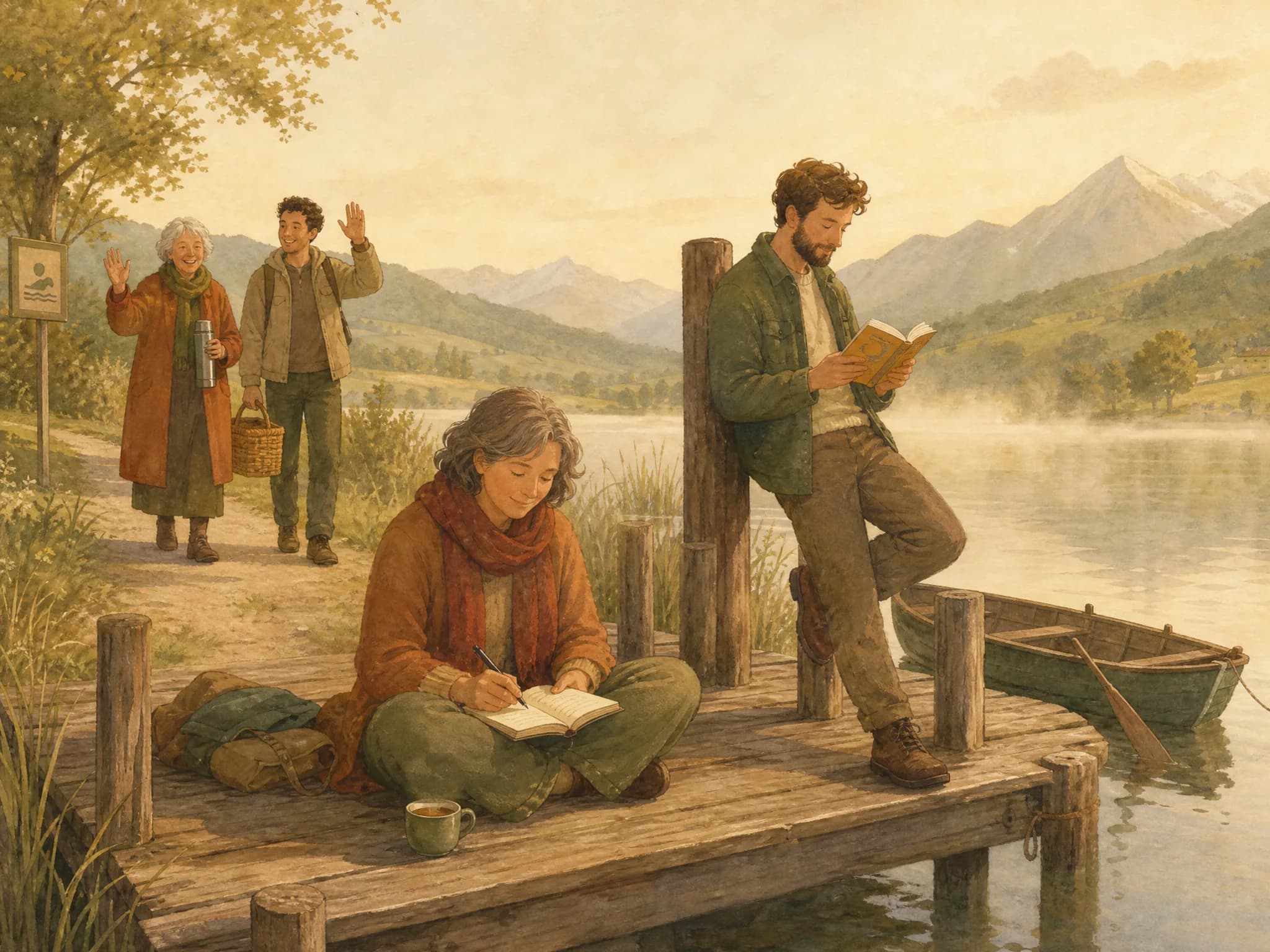 Illustration: Am Morgen auf einem Steg am See schreibt eine Frau in ihr Heft, ein Mann liest, zwei Freunde kommen winkend dazu