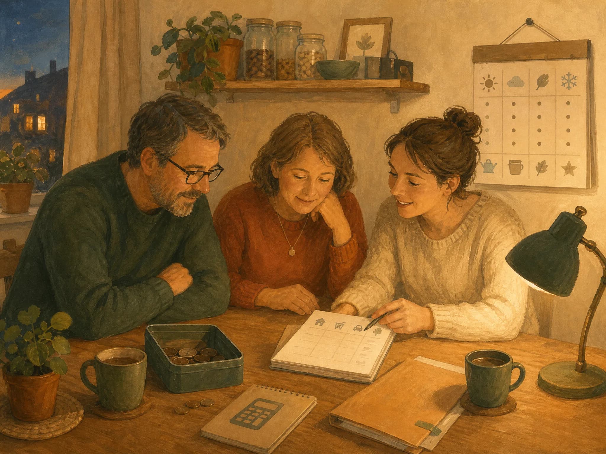 Illustration: Eine Familie schaut abends am Küchentisch gemeinsam in ein Heft mit Zahlen, ruhig und erleichtert