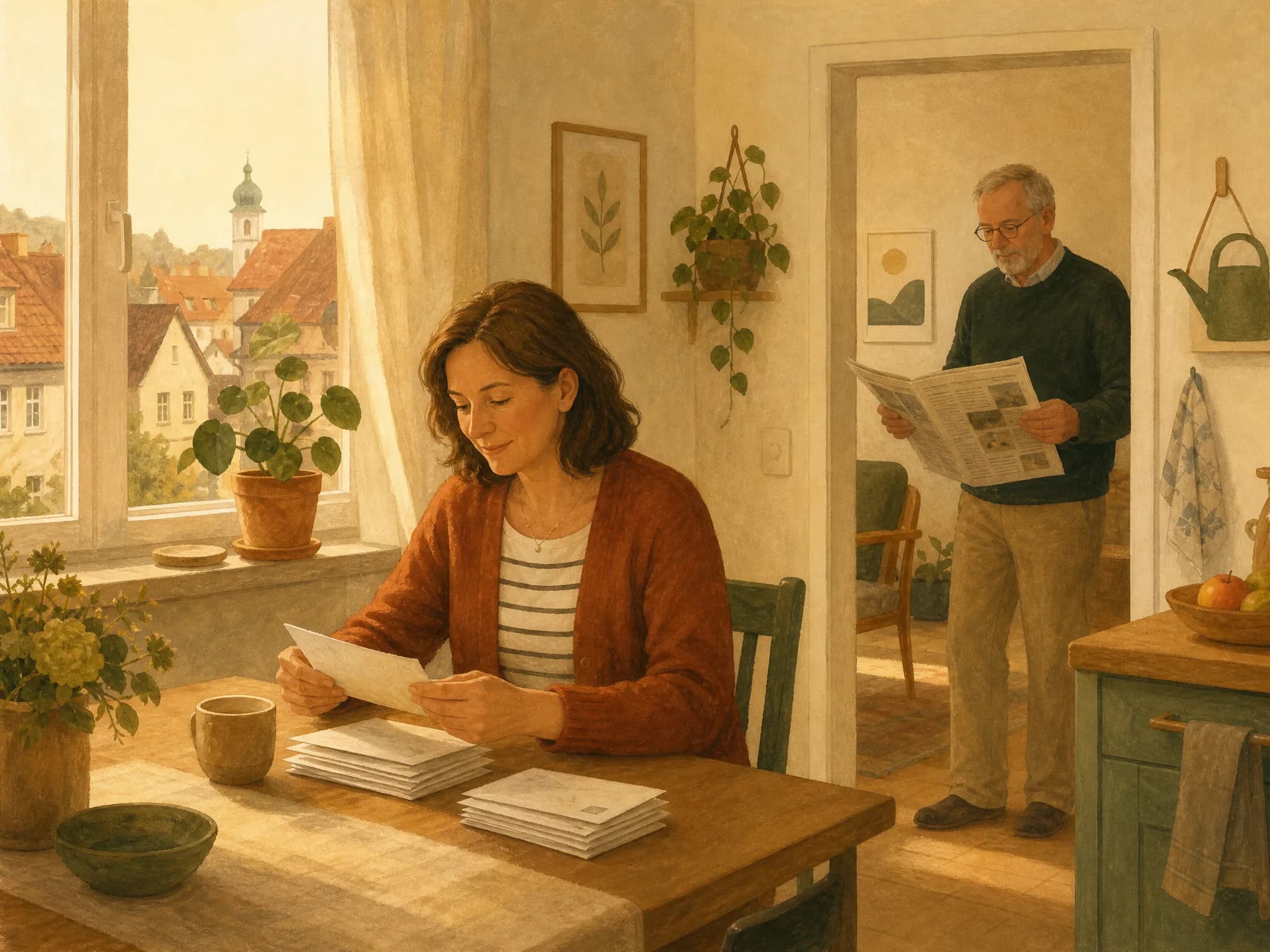 Illustration: Eine Frau sortiert am Küchentisch in Ruhe Briefe, ihr Mann liest in der Tür die Zeitung