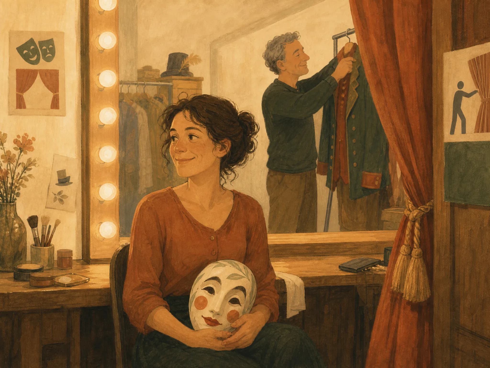 Illustration: Hinter der Bühne eines Theatervereins hält eine Frau eine Maske im Schoß und lächelt erleichtert