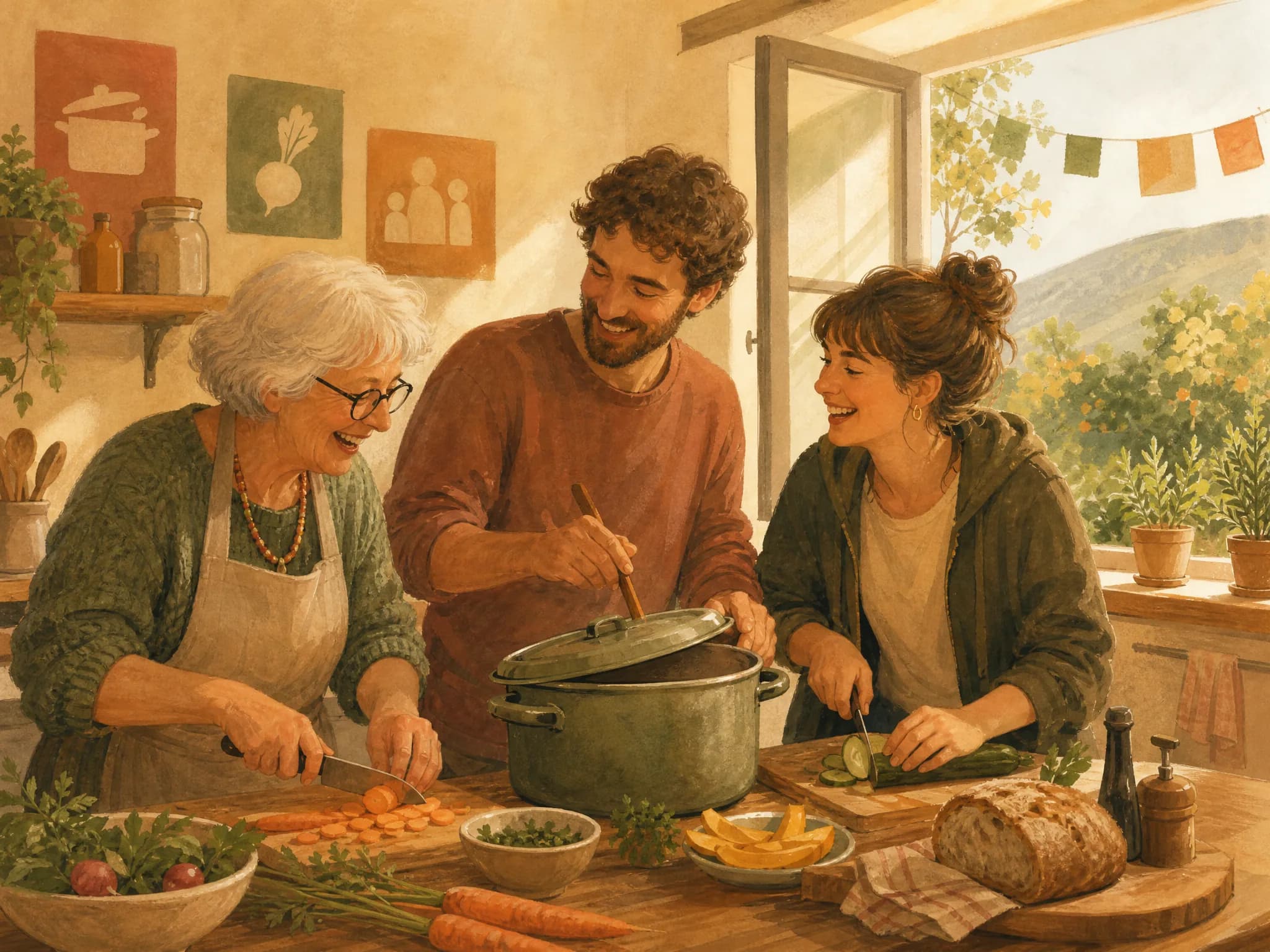 Illustration: Drei Menschen verschiedenen Alters kochen lachend in einer gemeinsamen Küche