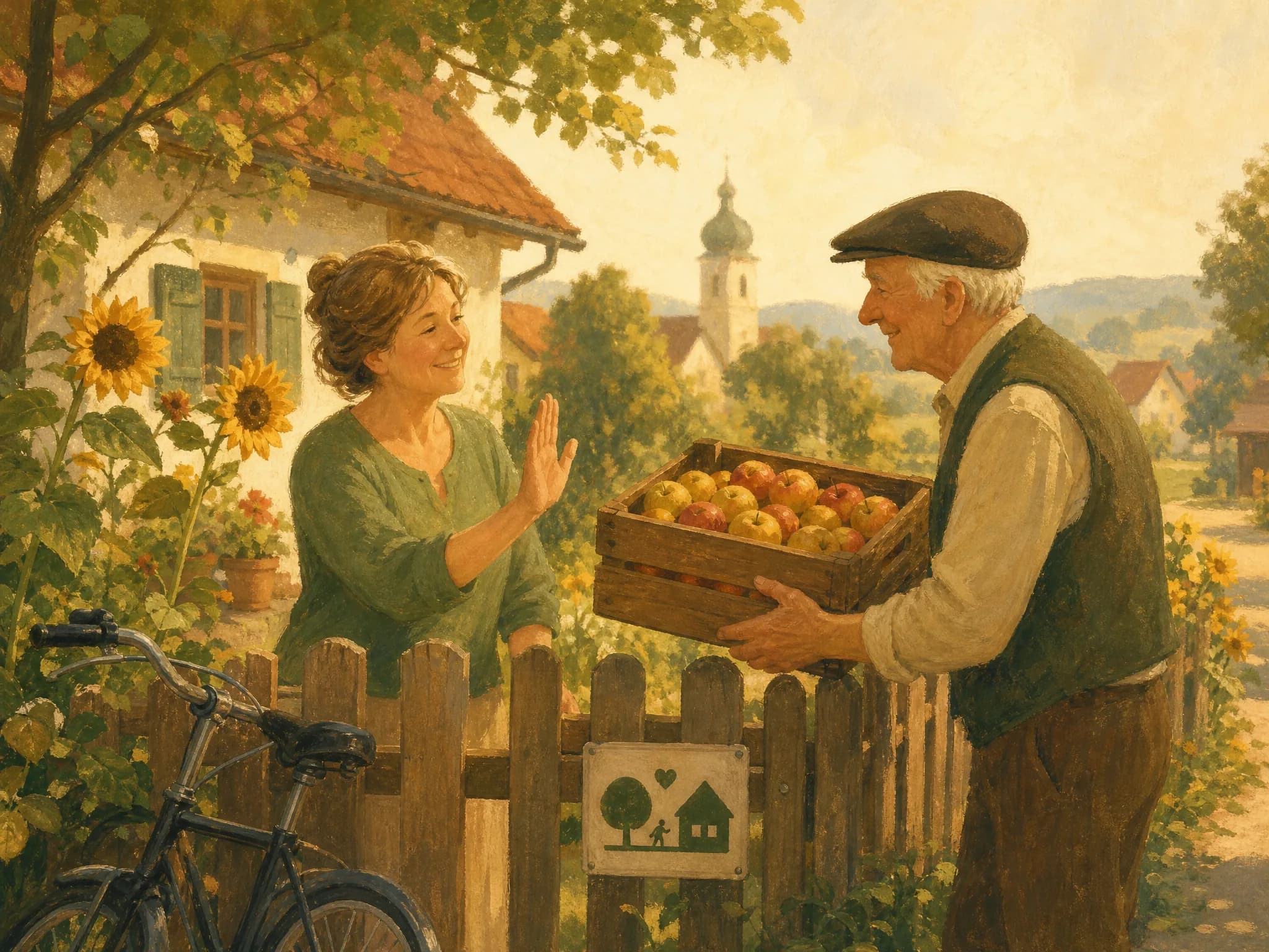 Illustration: Am Gartenzaun lehnt eine Frau freundlich eine Kiste Äpfel ab, der Nachbar nickt verständnisvoll