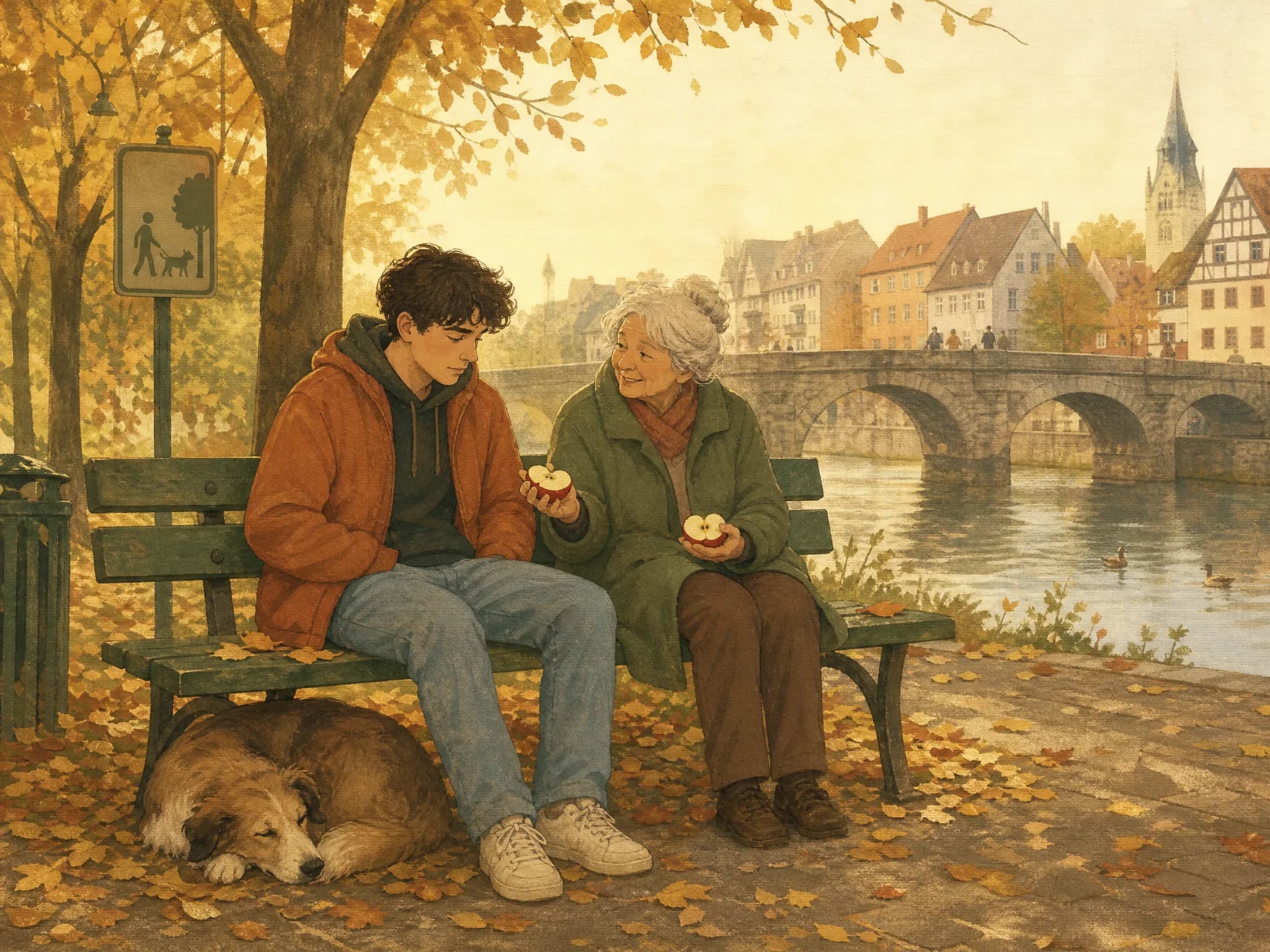Illustration: Auf einer Parkbank am Fluss teilt eine ältere Frau einen Apfel mit einem nachdenklichen jungen Mann