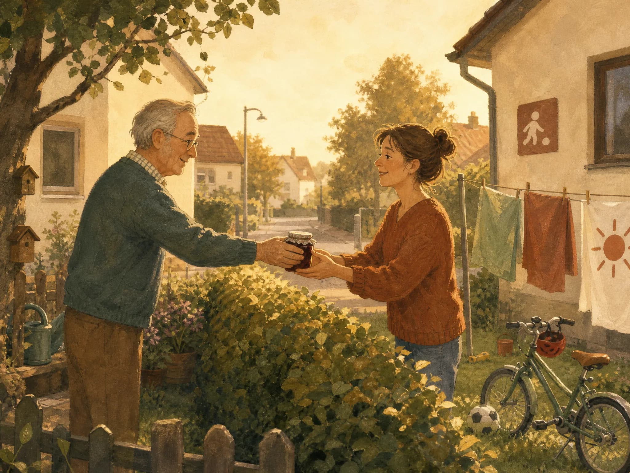 Illustration: Über die Gartenhecke reicht ein Nachbar ein Glas Pflaumenmus, die Nachbarin nimmt es erleichtert an