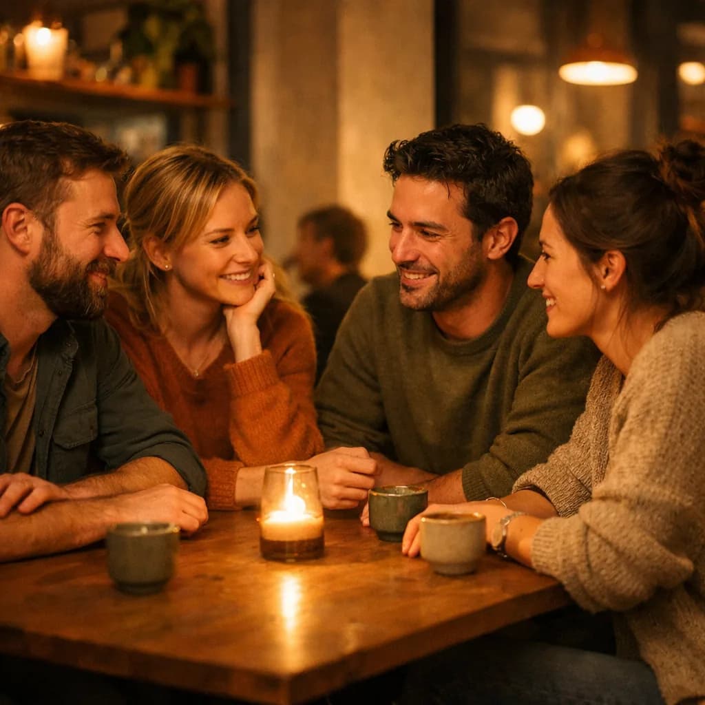 Vier Menschen im Gespräch bei einem warmen Community-Treffen